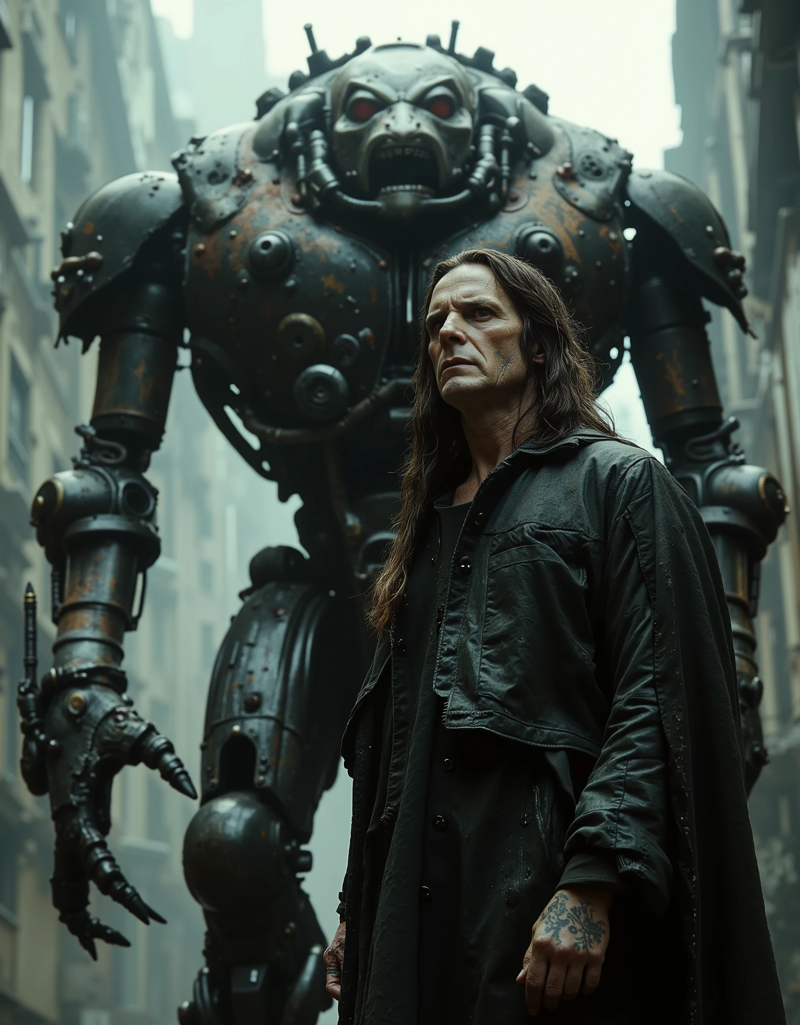 cinematographic photograph using rule of thirds and composition on planes Photo 3 / 4 takes over the entire body , Hannibal Lecter , depraved and gothic, full plate armor made of rusty copper coins, sunken brown eyes, penetrating look, lank matted long hair, full body shot, torn screen , Aztec tattoos , Next to him in the background is a tall long-legged steampunk mecha robot inspired by the Sumerians 𒀉𒉺 Asag and with dark armor with a lot of rust battle damage and destroyed parts, You can see the exposed mechanism composed of pistons , hoses, chains and motors of Tartarus, . In the background of a grimdark medieval fantasy, Eldritch smoke emanating from the robot in the style of Ashley Wood and Racrufi and Luis Royo , drk4rt