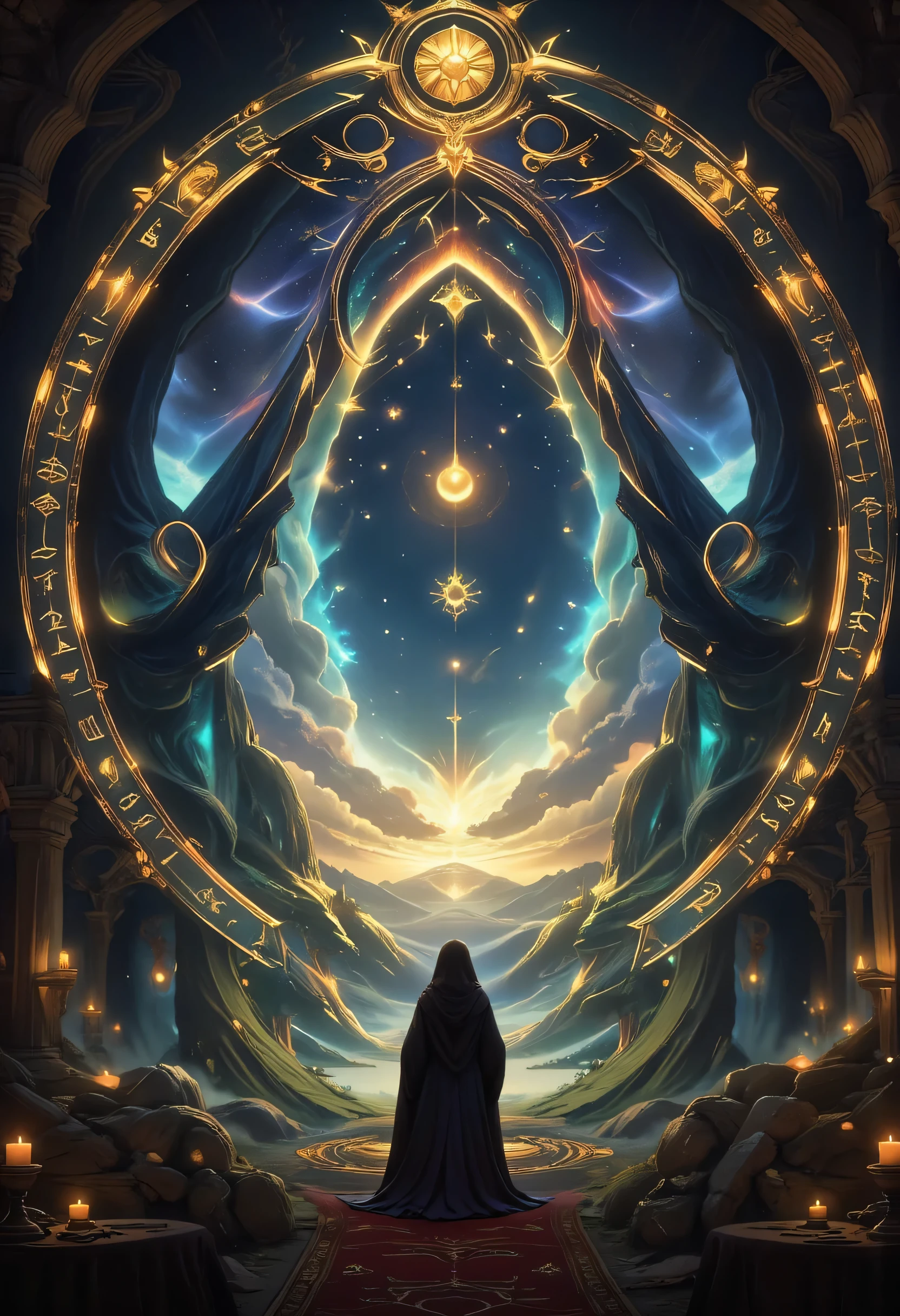 high details, best quality, 16k, [best detailed], masterpiece, best quality, (extremely detailed), a view of an priestess looking through  a portal onto celestial heaven, there are heavenly clouds, distant stars, nebulas,  coming from the portal, the portal glows with magical runes, fiery runes, there are candles the light the room, invert color