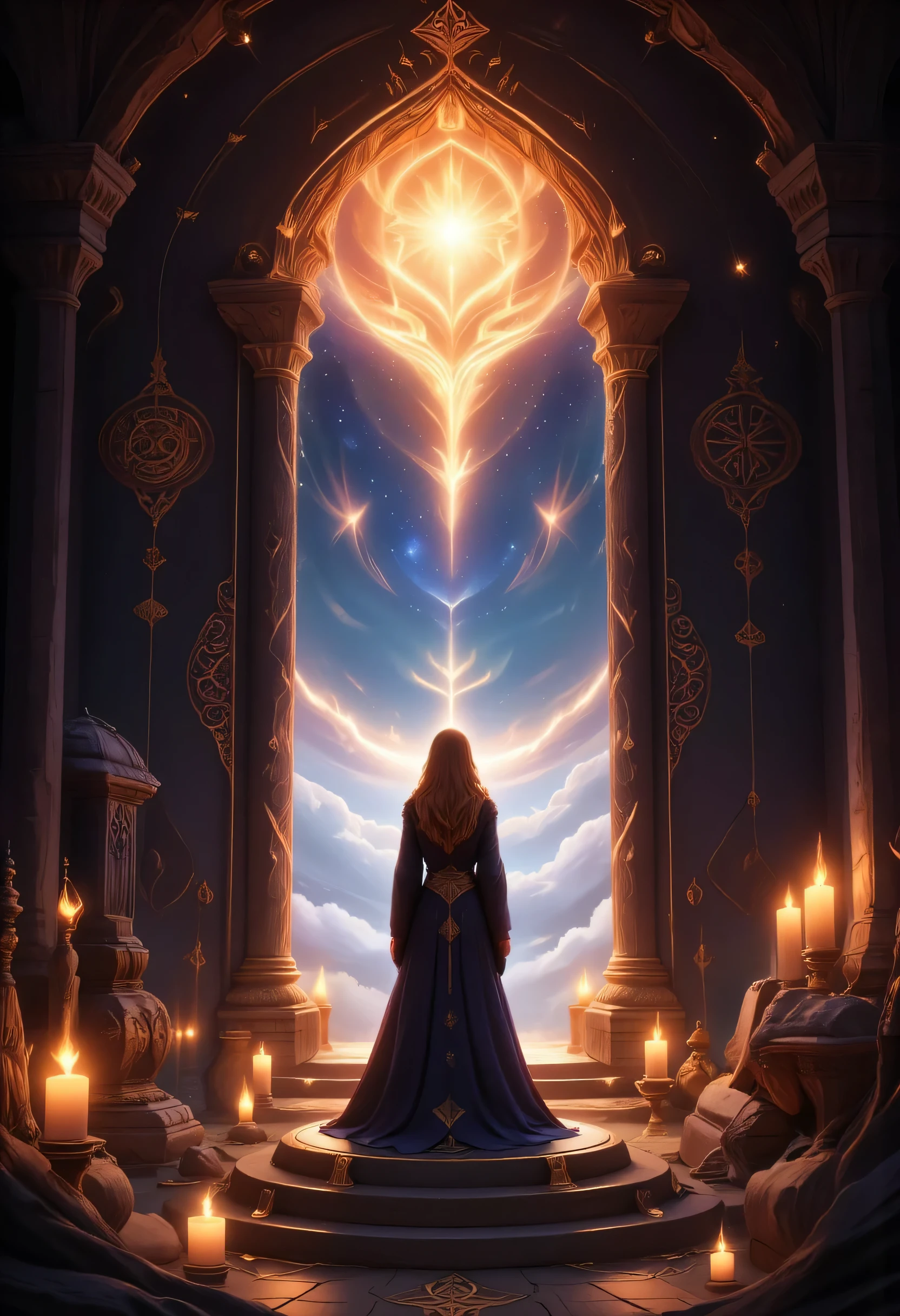 high details, best quality, 16k, [best detailed], masterpiece, best quality, (extremely detailed), a view of an priestess looking through  a portal onto celestial heaven, there are heavenly clouds, distant stars, nebulas,  coming from the portal, the portal glows with magical runes, fiery runes, there are candles the light the room, invert color