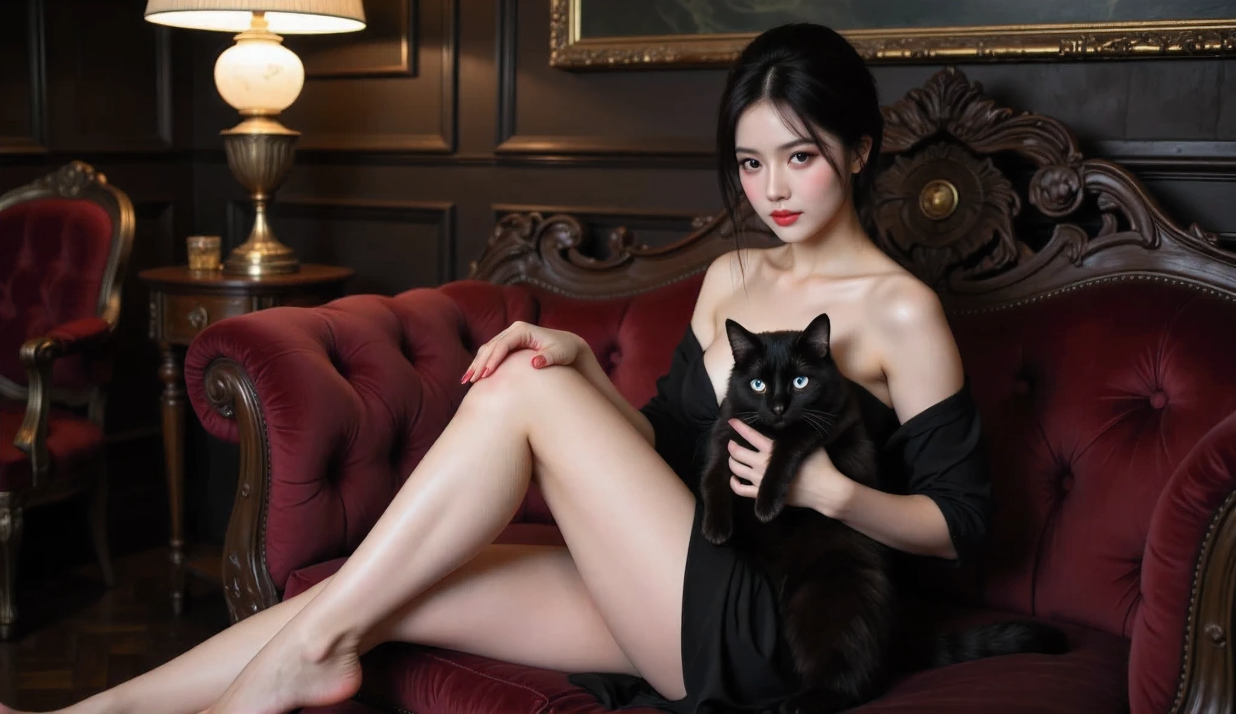 A Japanese woman in a sexy dress sits with her legs spread and holds a blue-eyed black cat