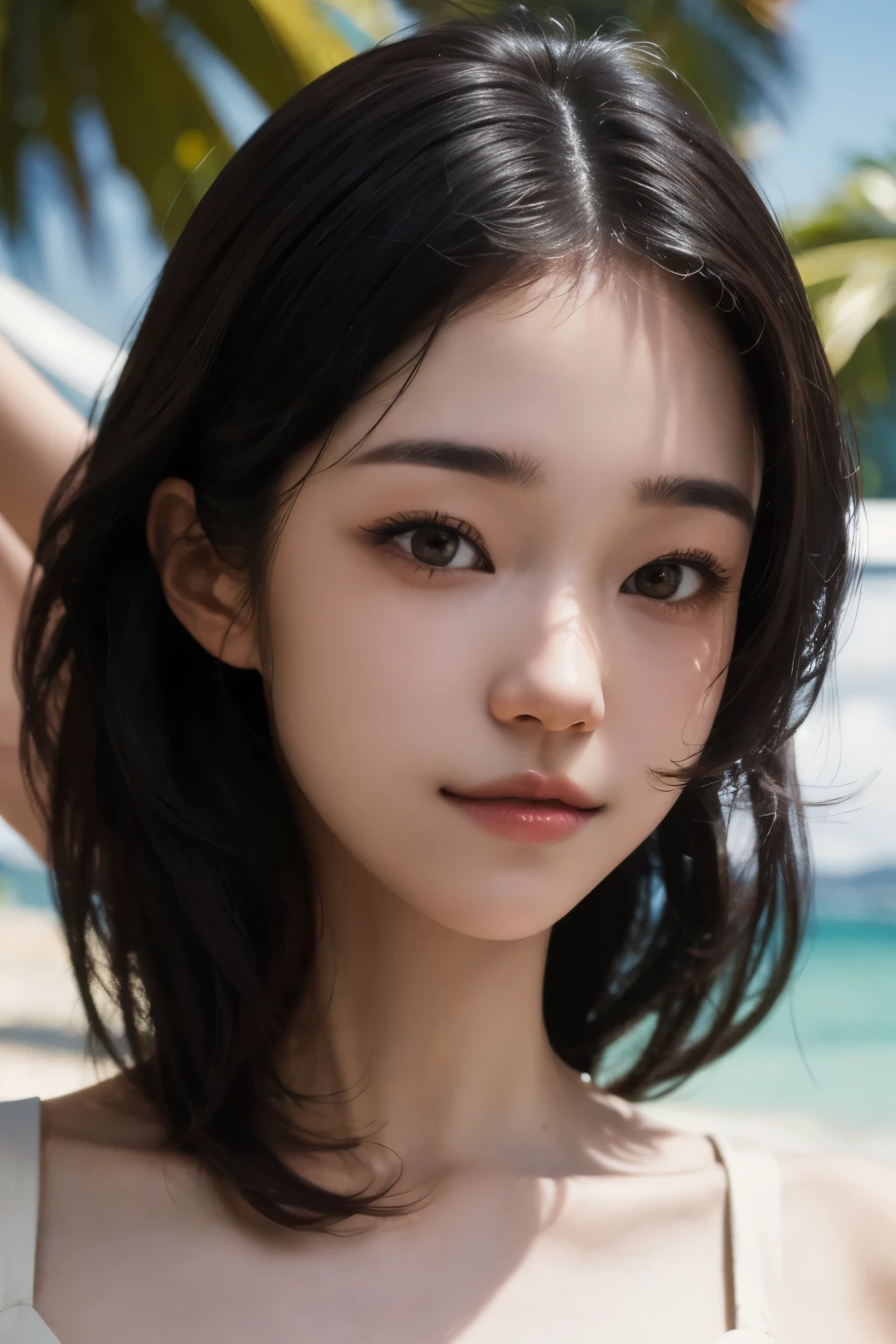 A close up of a woman with a white top on a beach - SeaArt AI