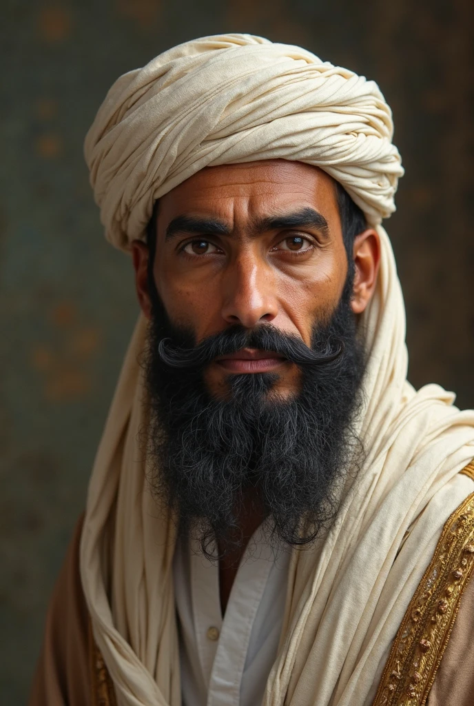A man with a thick beard and piercing brown eyes, wearing a traditional thobe and a red and white keffiyeh, stands confidently against a backdrop of a white striped wall. His gaze is direct and unwavering, conveying a sense of strength and determination. 

[A portrait capturing the essence of strength and determination, reminiscent of the work of  Steve McCurry], [Soft, natural lighting, highlighting the textures of the man's clothing and the striped wall, with a blurred background, creating a sense of depth and focus on the subject. The colors are muted and earthy, evoking a sense of peace and tranquility.]
