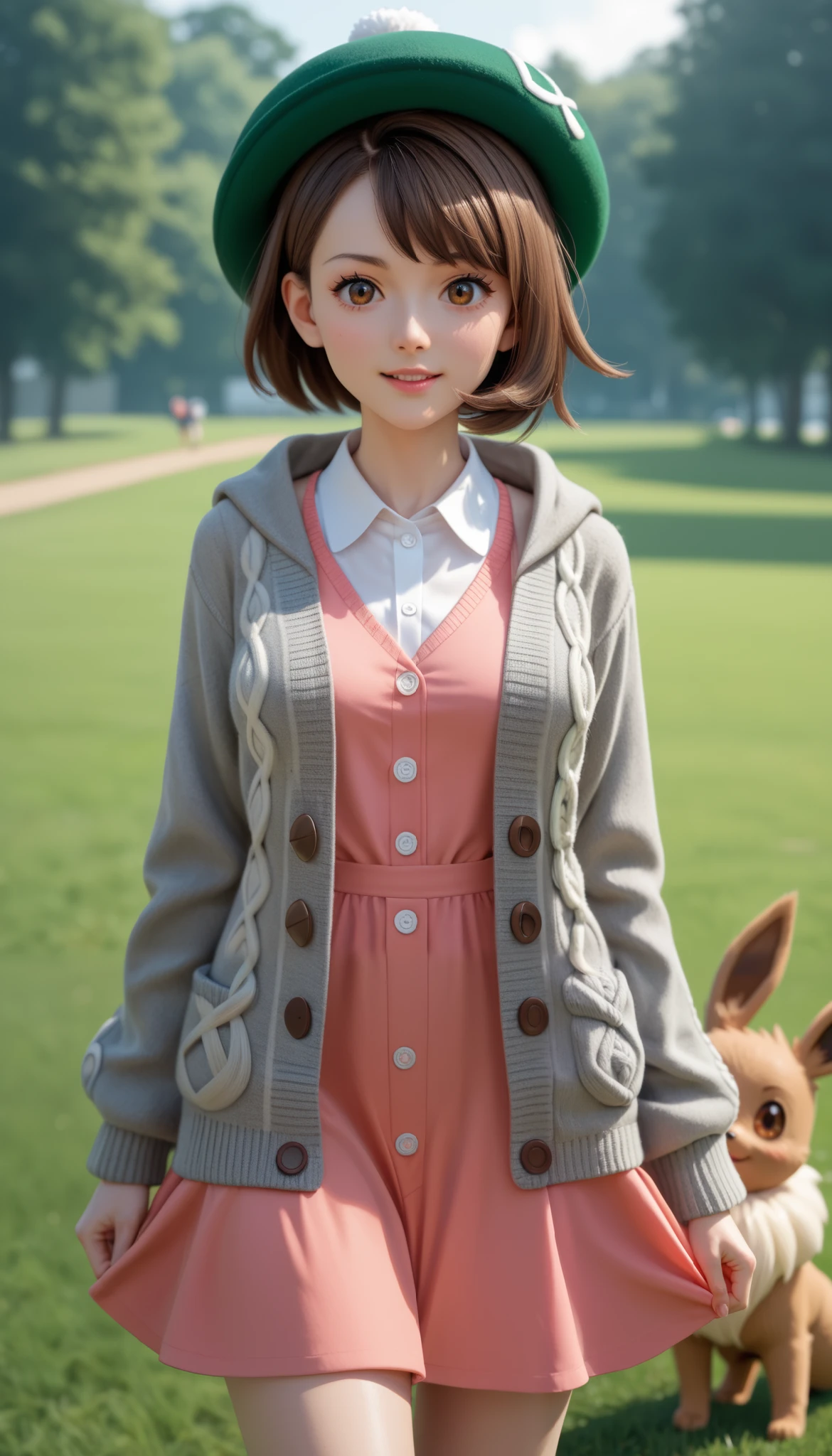 Gloria (pokemon), brown hair, brown eyes,green hat, grey cardigan, hooded cardigan, cable knit, pink dress, green socks, long sleeves, collared dress, 1 pokemon trainer, she would be surrounded by her 3 pokemons, 1 champion and 1 eevee, She is in a field training her Pokemons