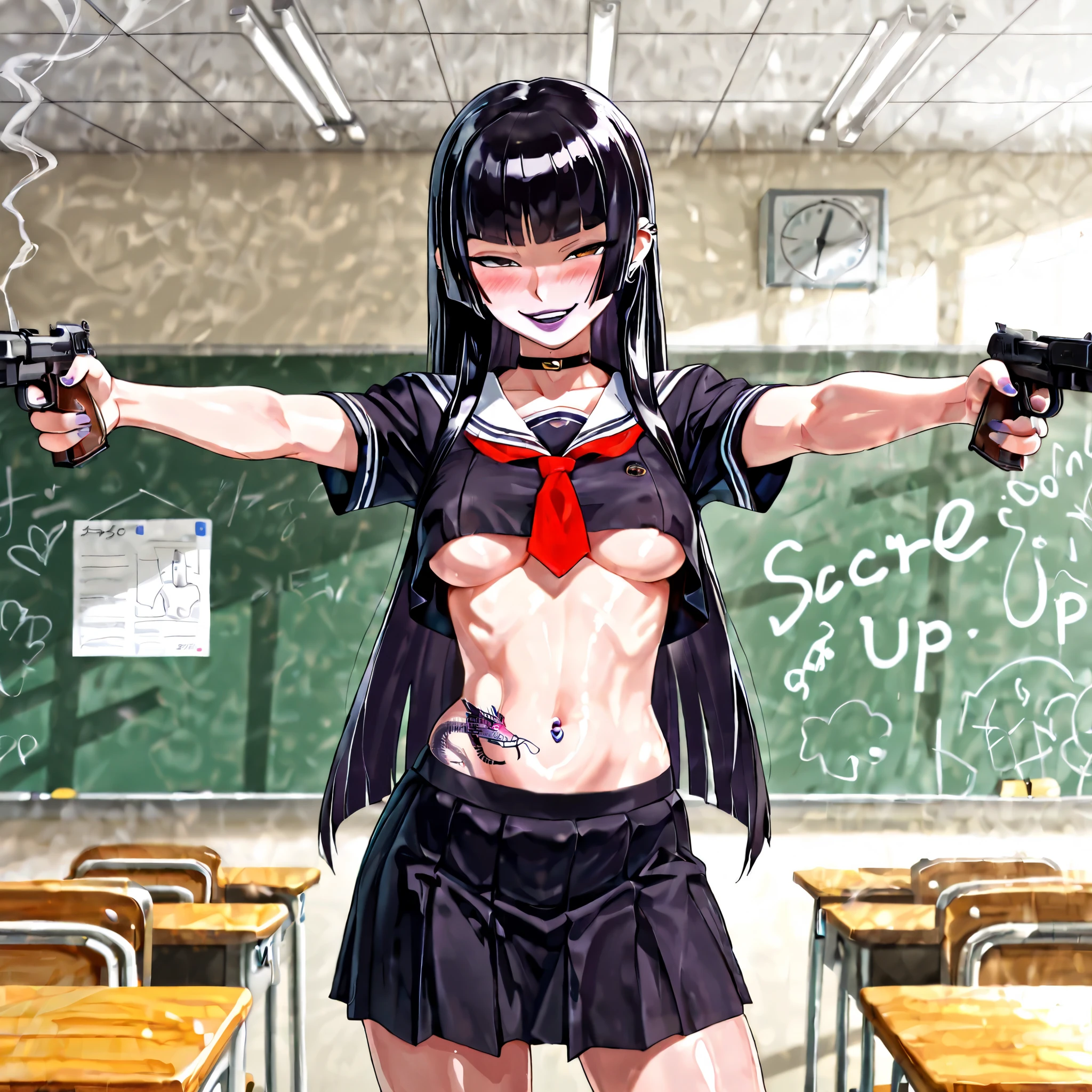 score_9, score_8_up, score_7_up,score_6_up, score_5_up, score_4_up , 1girl, solo,
medium breasts, ladysiodg, long hair, black hair, hime cut, purple lips,
choker, , ear piercing, long hair, blush, lipstick,Hot girl, baddie, smoking, sensual, attractive ,masterpiece, best quality, highly detailed, a girls in sailor uniforms with a gun posing for a picture, evil smile, smile, open mouth,black_serafuku, , (nsfw) not safe for work, ecchi style, ecchi, shipgirls, high school girls, holding a gun, hold a gun, micro skirt, exposed belly, exposed navel, exposed midriff, holding pistol,underboob, exposed lower belly,school, classroom, navel piercing, dual wielding,, dragon tattoo, narrowed eyes, tattoo midriff, shiny skin, shiny skin, open arms sideway, arms T-pose, smirk, standing, anime girl T posing