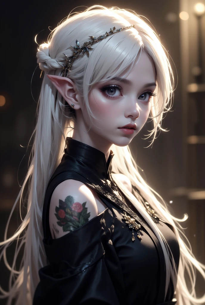 a girl with white hair andhorns, wearing a school uniform, horns, pointy ears, green eyes, long hair, earrings, necktie, jewelry, white hair, wings, facial mark, shirt, skirt(Hair style:1.5)(detailed landscape:0.6)(feminim:1.2)(hand detailed:0.2)(background masterpiece:0.1)