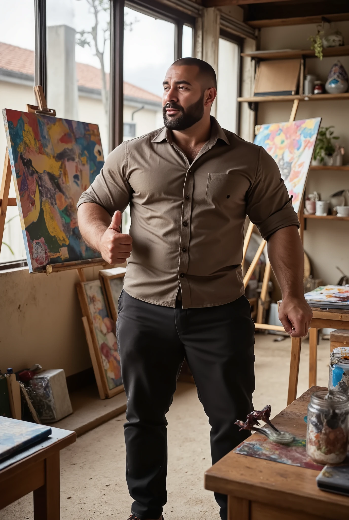 Masterpiece, Accurate, Award Winning, Best Quality, Extremely Detailed, 8K, HD, Super-Resolution, Dynamic Depth of Field, Photorealistic, Full Coloured, Realistic Skin and Hair Texture, ((a 35-year-old, dark-skinned, bald Indonesian art teacher with warm golden-brown skin, smooth even tone, strong angular jawline, defined chin, high prominent cheekbones, deep almond-shaped eyes, thick dark lashes, naturally arched brows, broad slightly rounded nose, full well-defined lips, and a neatly trimmed beard, standing in his school’s art studio, gesturing animatedly while teaching)). His ((lean yet powerfully muscular build is accentuated by a fitted, paint-streaked button-up shirt with the sleeves rolled up, exposing his thick, veined forearms, while dark trousers hug his strong legs and defined glutes)). His ((bright, confident smile conveys passion and warmth as he explains a concept, one hand gesturing expressively while the other holds a paintbrush, a streak of dried paint visible on his fingers)). The art studio is filled with creative energy, featuring ((large easels with student paintings in progress, jars of paintbrushes scattered across wooden tables, shelves lined with sketchbooks and art supplies, and tall windows allowing natural daylight to stream in, casting soft highlights on the textured surfaces of the studio)). The walls are decorated with colourful student artwork, adding vibrancy to the scene. Shot on ((Canon EOS R5, RF 85mm f/1.2L lens, f/2.0 aperture, 1/250 shutter speed, shallow depth of field, warm natural lighting with soft shadows, rich textures enhancing the details of skin, fabric, and artistic materials, high contrast emphasizing the depth of the scene and the creative atmosphere)).