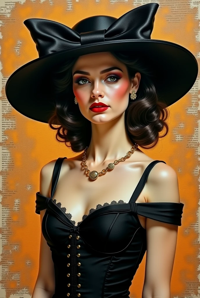 lwsh, illustration of a cute woman, A form-fitting black satin gown with a plunging neckline, accessorized with a feathered fascinator and elbow-length gloves
