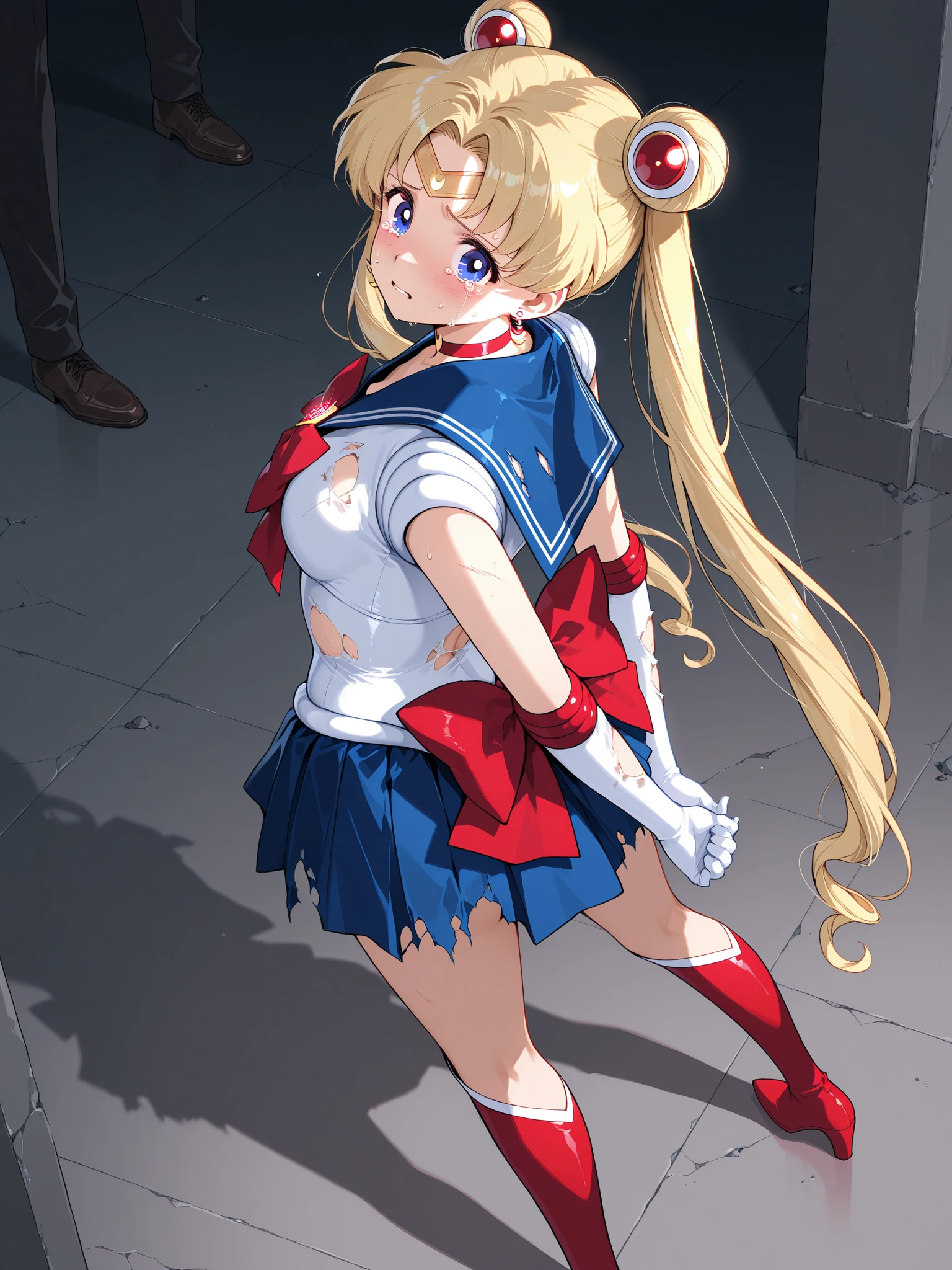 (masterpiece, best quality:1.2), (realistic, photo-realistic:1.4), RAW photo, highres, extremely detailed, intricate details, cinematic lighting, (front view, view from below:1.3), (full body, standing, boots:1.5), (sailor moon, tsukino usagi), solo, 1girl, a 16yo female wearing (sailor senshi uniform:1.5), tall girl, (huge breasts:1.4), (long hair, blonde hair, hair bun, twintails:1.4), jewelry, (fabric, white-gloves, darkblue-collar, lowcut-skirt, darkblue-miniskirt, red-choker, red-bow, red-boots:1.3),,detailed face, detailed eyes, pale skin, fine-textured skin,
(peeing self,urination:1.4), (ashamed:1.2), desperate for peeing, wetting her clothes, pee runing down her legs, pee desperation pose, pee desperate face, big urine puddle,
photo background, outdoors, city landscape, buildings, alley, crowd in background, daytime, sunny, in summer,, upskirt view,
