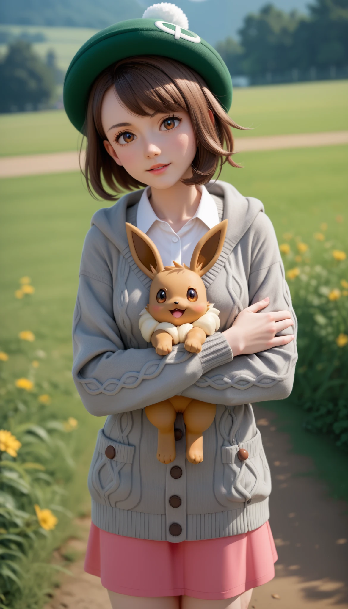 Gloria (pokemon), brown hair, brown eyes,green hat, grey cardigan, hooded cardigan, cable knit, pink dress, green socks, long sleeves, collared dress, 1 pokemon trainer, she would be surrounded by her 3 pokemons, 1 champion and 1 eevee, She is in a field training her Pokemons, (((holding evoli in her arms)))
