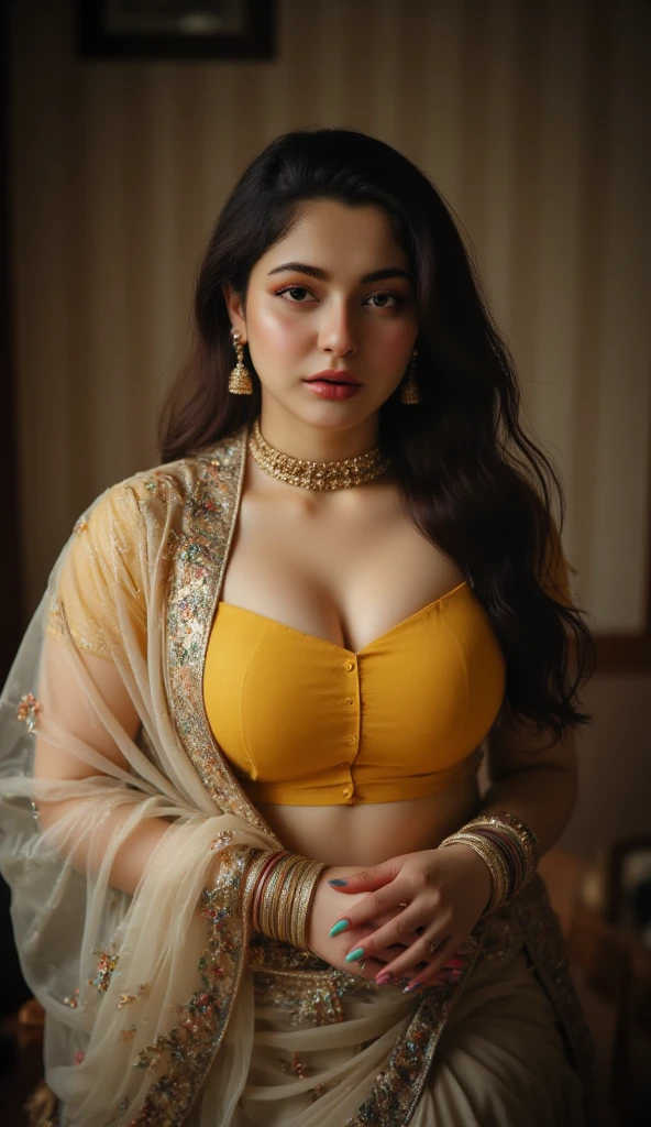 a woman in a sari posing for a picture, Bollywood goddess, traditional beauty, beautiful goddess, ornate cosplay, super model, beautiful maiden, gorgeous woman, provocative gorgeous beautiful woman, intricate outfit, hindu aesthetic, beautiful girl, extremely detailed goddess shot, jaw-dropping beauty, gorgeous face eyes nose lips body, big boobs deep cleavage sexy navel big hips, chubby girl, uhd 8K highest resolution highest quality, shiny skin, highly detailed, hyper realistic, thick girl, plus size model
