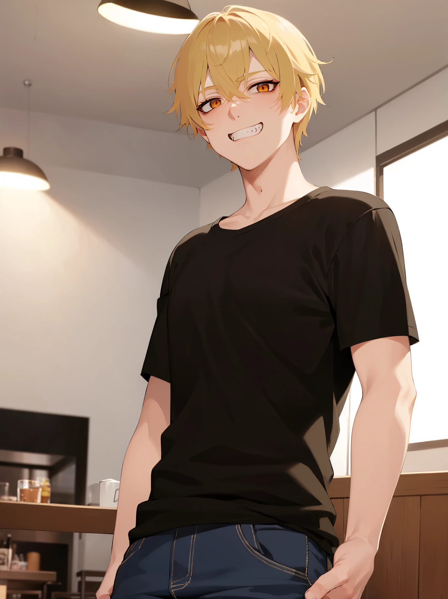 Angle from below, Low angle,masterpiece, best quality, Japanese manga style,(29 year old male: 1.5) and (short blonde hair) and (orange eyes),BREAK(Black T-shirt),and(jeans)BREAK,(evil grin),(open mouth),The background is the inside of a cafe,(alone:1.5),cowboy shot