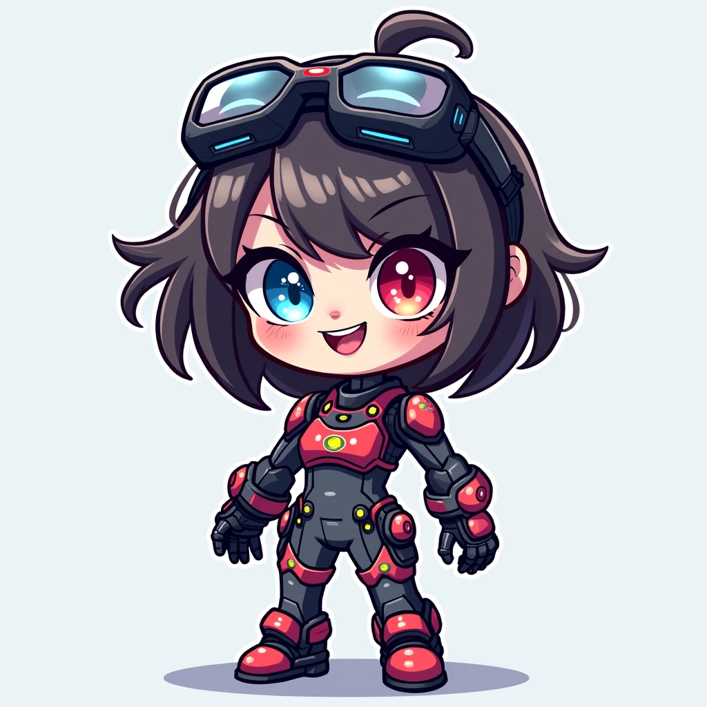 The style combines elements of cartoon and manga, resulting in an aesthetic expressive and expressive. Key features include:
  traits: Thick and defined lines for contours, rounded shapes for a soft look.
  proportions: Big Head in relation to the body, typical chibi style, emphasizing the cuteness.
  EXPRESSIONS: eyes grandes e expressivos, exaggerated facial expressions to convey strong emotions.
  Cores: Vibrant and contrasting color palette to highlight the character.

 Aparência:
  Hair: therefore, smooth and with a modern cut, perhaps with some colorful highlights that shine when she uses her powers.
  eyes: One eye vibrant blue and another intense red, creating a striking and mysterious contrast.
  face: traits delicados e expressivos, with an infectious smile that reveals her lively personality.
  Body: A human-looking android, with smooth curves and an athletic body, resulting from the modifications received.
  Clothing: A technological and stylish gamer suit, with  shoulders and a short skirt, combining futuristic and modern elements. The costume may have LED lights that change color and details that highlight her android nature.

Hair comprido,  smile, simple bottom, virtual reality glasses on the fluffy neck. 