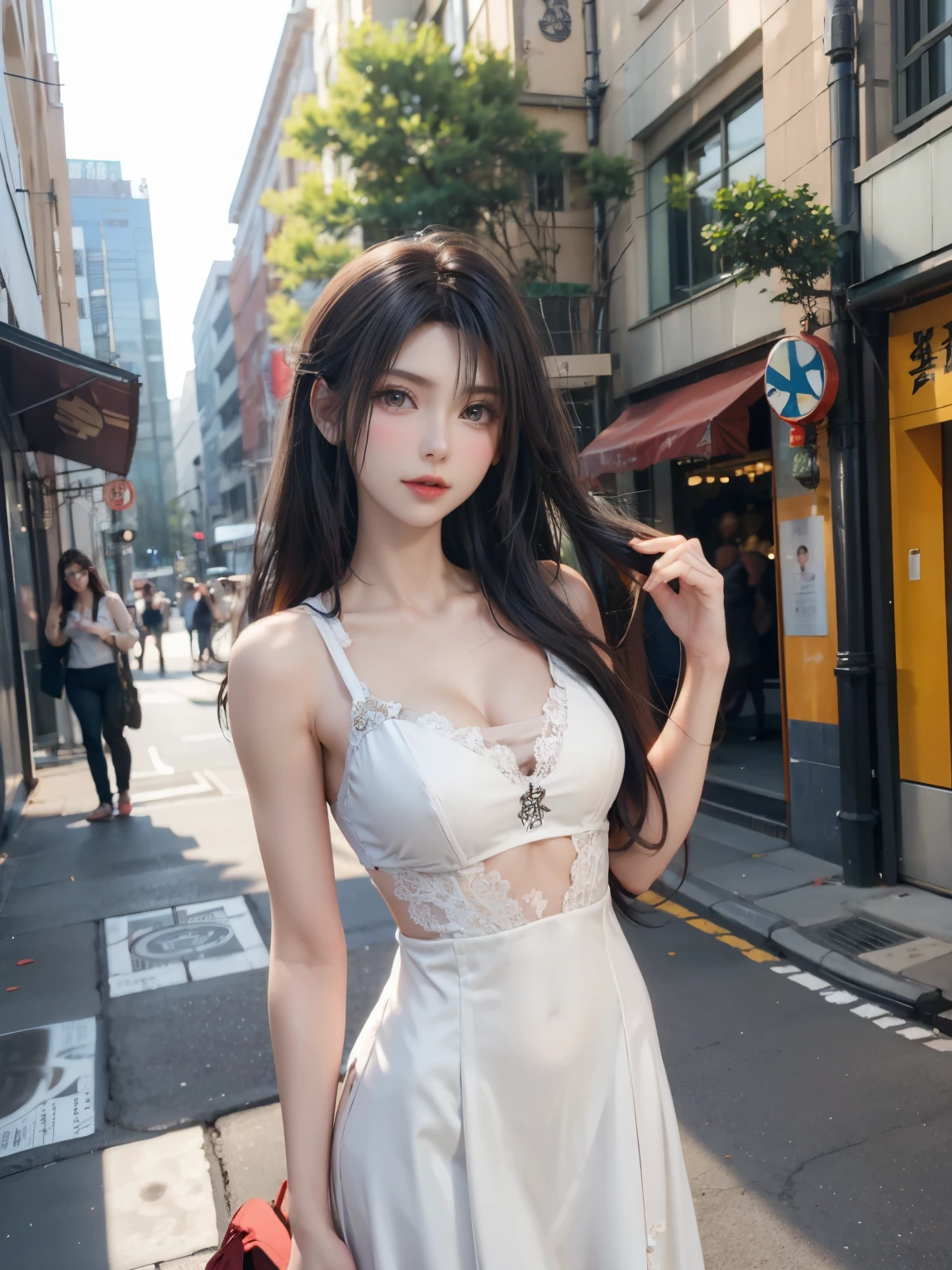 [(best quality, masterpiece, intricate details:1.3):0.2], 1 girl, pale skin, on the street, city, (ulzzang-6500:0.3), (PureErosFace_V1:0.4)