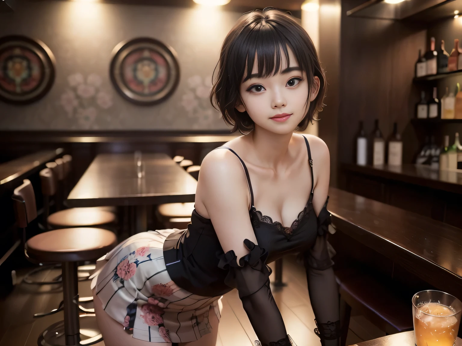 Highest quality, masterpiece, Ultra-high resolution, 8k, RAW Photos, Realistic, Anatomically correct:1.5), 20-year-old girl:1.2, Embarrassing, avert your eyes, blush:1.0, View Viewer, ((bar)) 、Large windows、Night view、 Light:1.2, Bokeh, Cinema Lighting:1.0, sharp、 Cute Face、Idol、Black short sleeve tulle top、Black tulle skirt、Silk-colored clothes、”dwarf”、(Floral clothes)、(Full Body Shot)、Side angle、Cowboy Shot、I can see your thighs、 smile、((Ultra short hair、Berry Short))、(Straight bangs)、(( One Girl))、(Waist)、(I can see your thighs)、(Accurate depiction)、((Fuller lips)),Large Breasts、