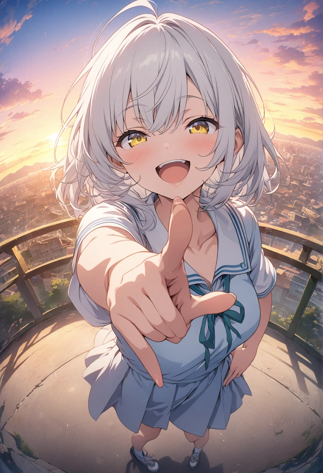 masterpiece, Best Quality, Highly Detailed CG Unity 8k Wallpaper, sunset background, anime illustration of a high school girl. Gun Pointing Pose、Close your eyes、opening your mouth, smile. The background is a pastel-colored landscape, White hair color, yellow eyes, selfie, Fisheye Lenses 、full body