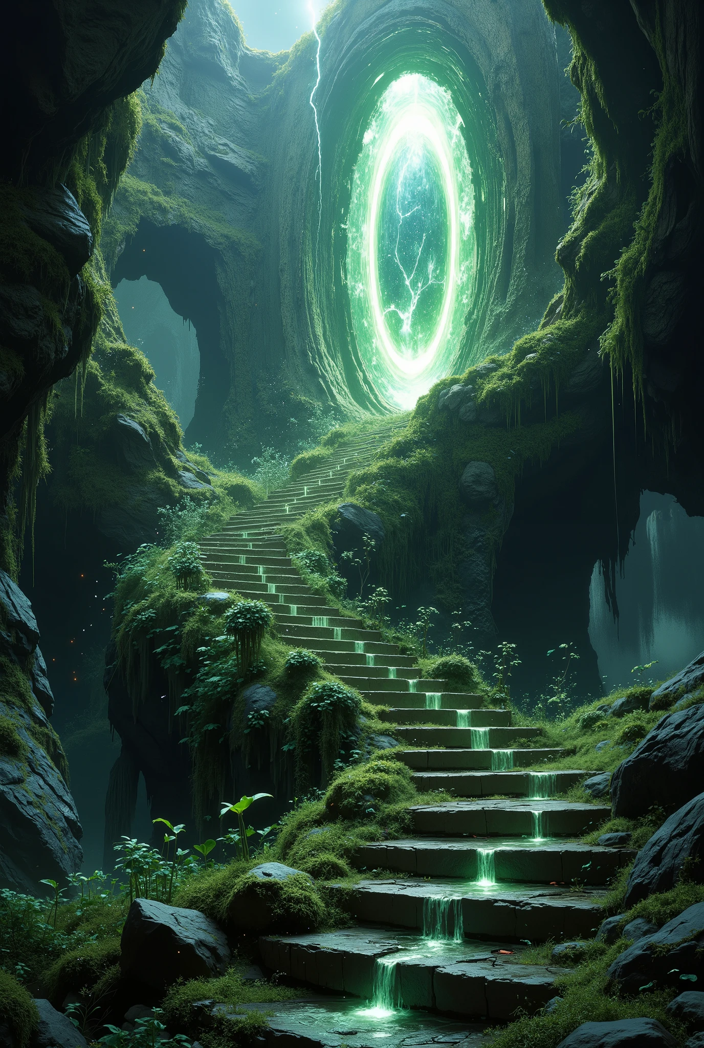 a mystical mossy winding staircase overgrown with thick moss, a misty canyon, a magical glowing portal that looks like a beautiful mirror, unearthly light, sparks, flashes, lightning, luminous splashes, a thin luminous streamlet flows down the steps.rocks, creeping plants, detailed textures, atmospheric, otherworldly, fantastic landscape, linear perspective, aerial perspective, tonal perspective, dramatic perspective, very low angle accent light, realistic digital art.