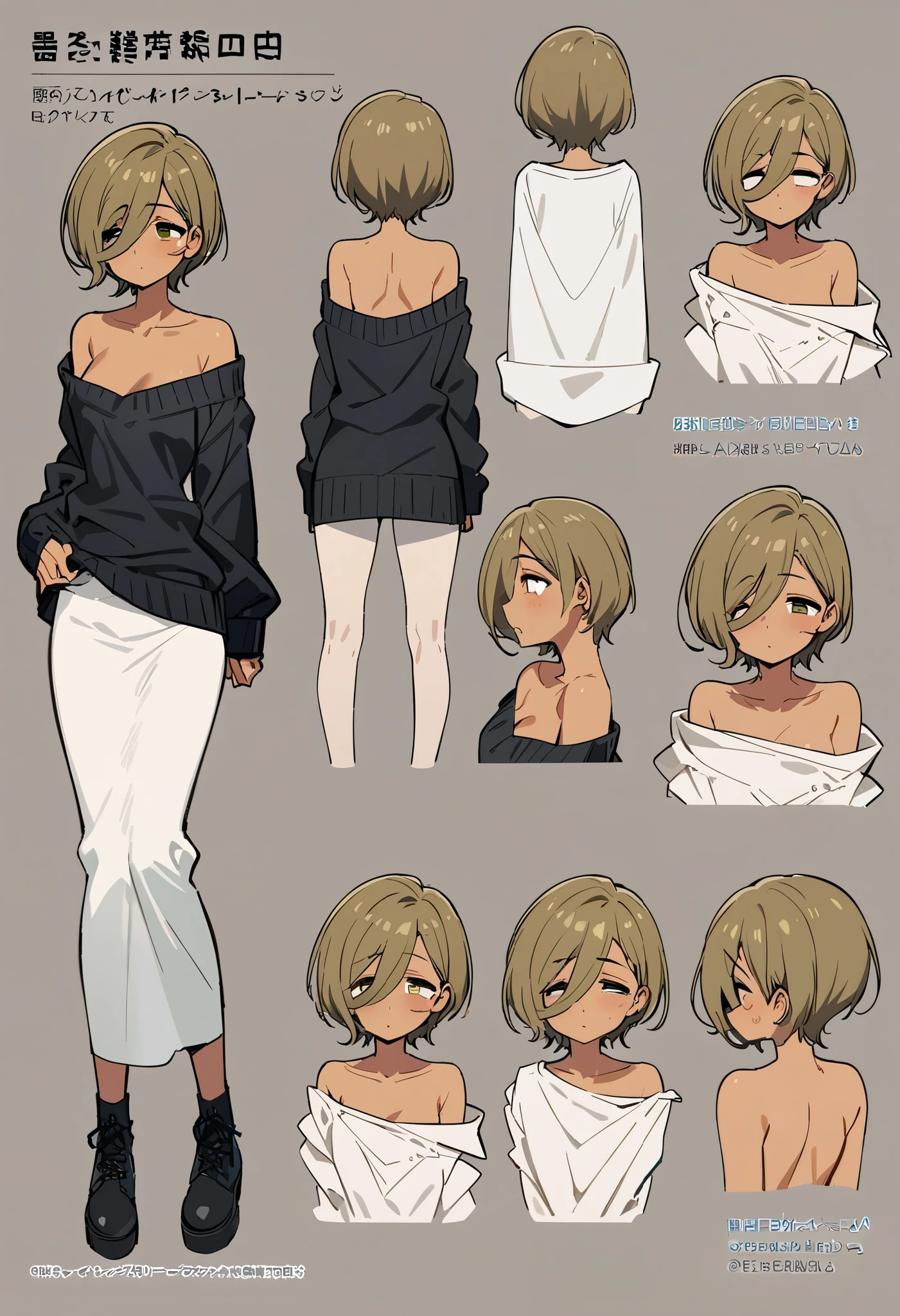 rupa ,front,Dead Eyes,long hair,Off Shoulder,masterpiece , Best Quality , character design sheet with hair tied with a condom,Front , Three Views ,is tall,Facing Front