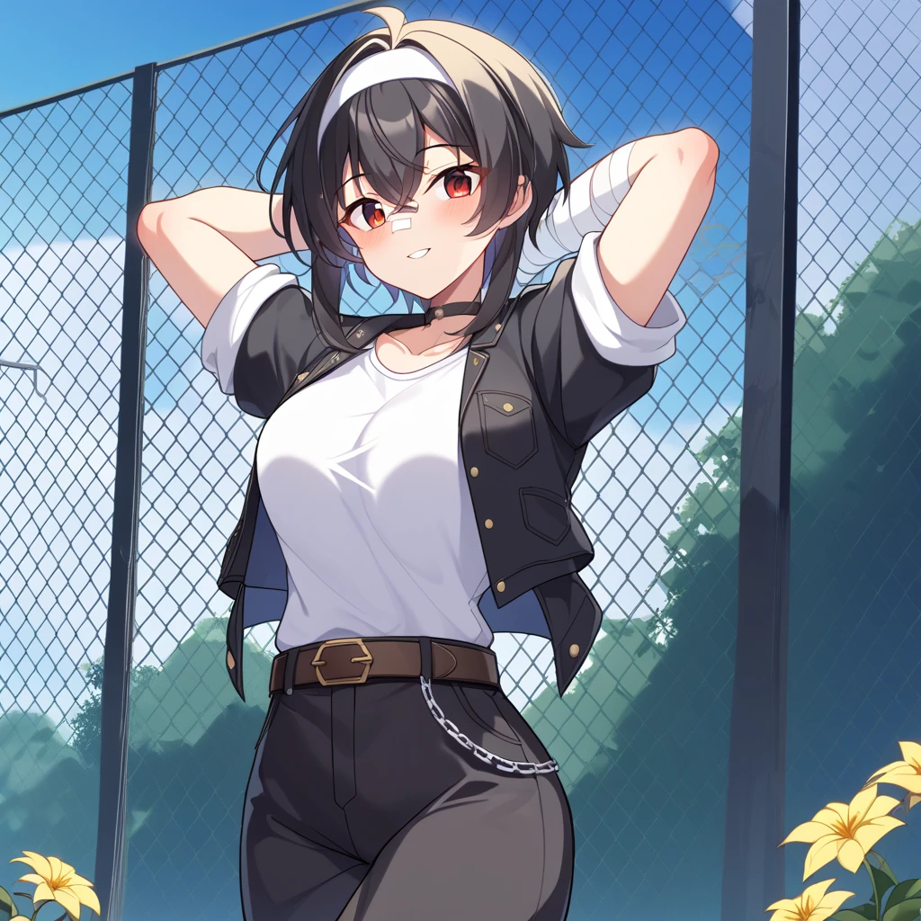 1girl, spiked hair, very short hair, yellow eyes, tan, tan skin, tan-skinned female, black hair, tomboy, pixie cut, large breasts, hourglass figure, thick thighs, smile, smirk, smug, toned, white shirt, jacket, sneakers, black jacket, shirt, short pants, shorts, standing, full body