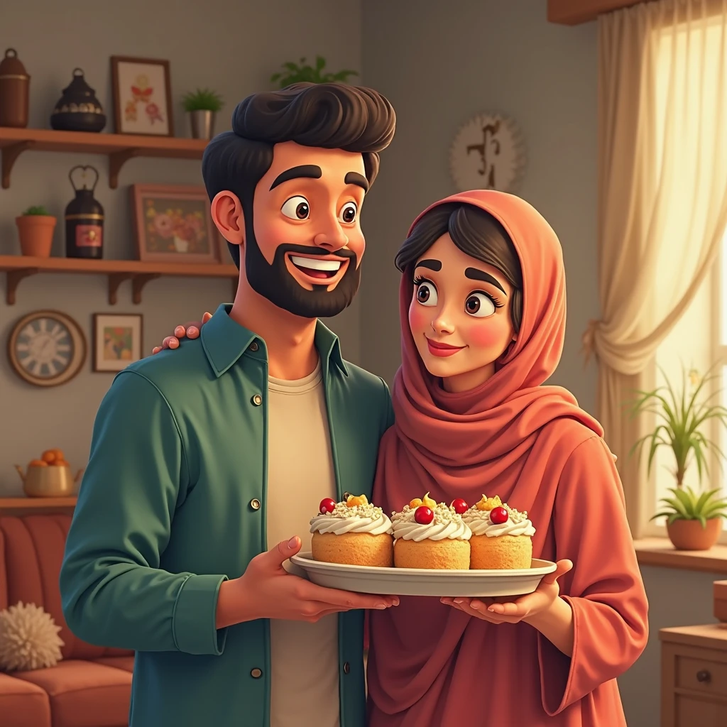 একটি মুসলিম ছেলে তার স্ত্রীকে জড়িয়ে ধরে খাবার খাইয়ে দিচ্ছে এনিমেশন 
