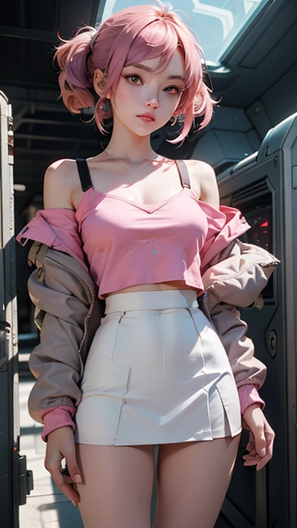 Girl posing for photo in Japanese school uniform, rainy street, wet skin, air bangs, running, large, clear eyes, slightly curly shoulder-length hair, cute, upper body, abdomen, pink white, streamers, pink kimono, suspender stockings, slave neck ring, slim figure, oversized bust, slim girl model, 18 year old female model,