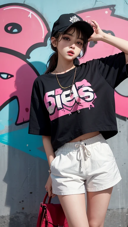 best quality, Clarity, 4k, 8k, detail, actual, Beautiful Girl, Korean makeup, Red lips, pink and blue wolf haircut, Perfect body, thigh, stand, pose standing, medium chest, long inner top, black Cargo Box Pants, Solid graffiti wall background, Graffiti art,