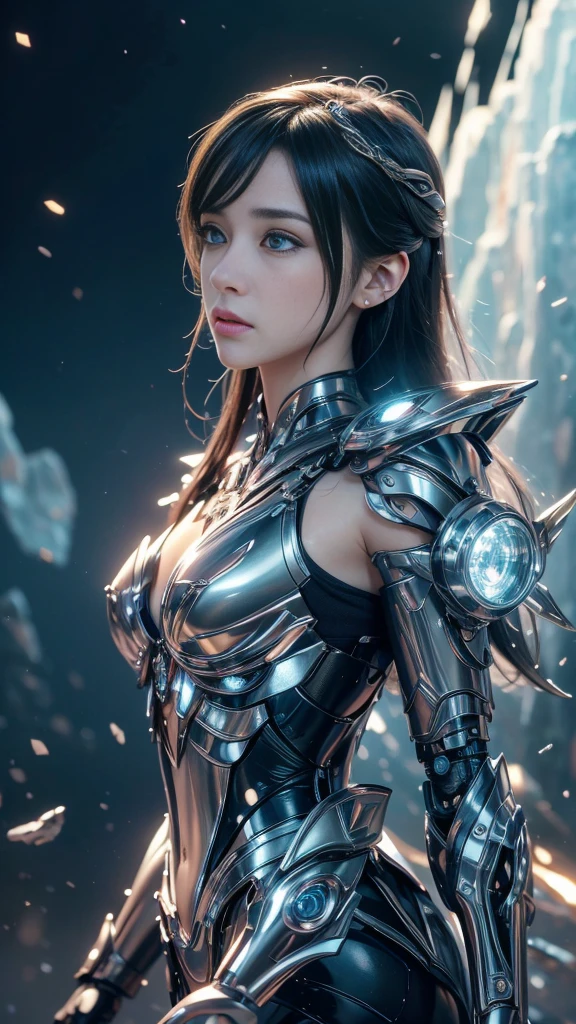 Tall beautiful woman with dark hair wearing highly realistic and detailed robotic armor, black eye, Big Breasts､Detailed eyes, Detailed face, 4k, 8k, Cinematic shots, Upper body portrait、masterpiece, 最high quality, high quality, High resolution, 