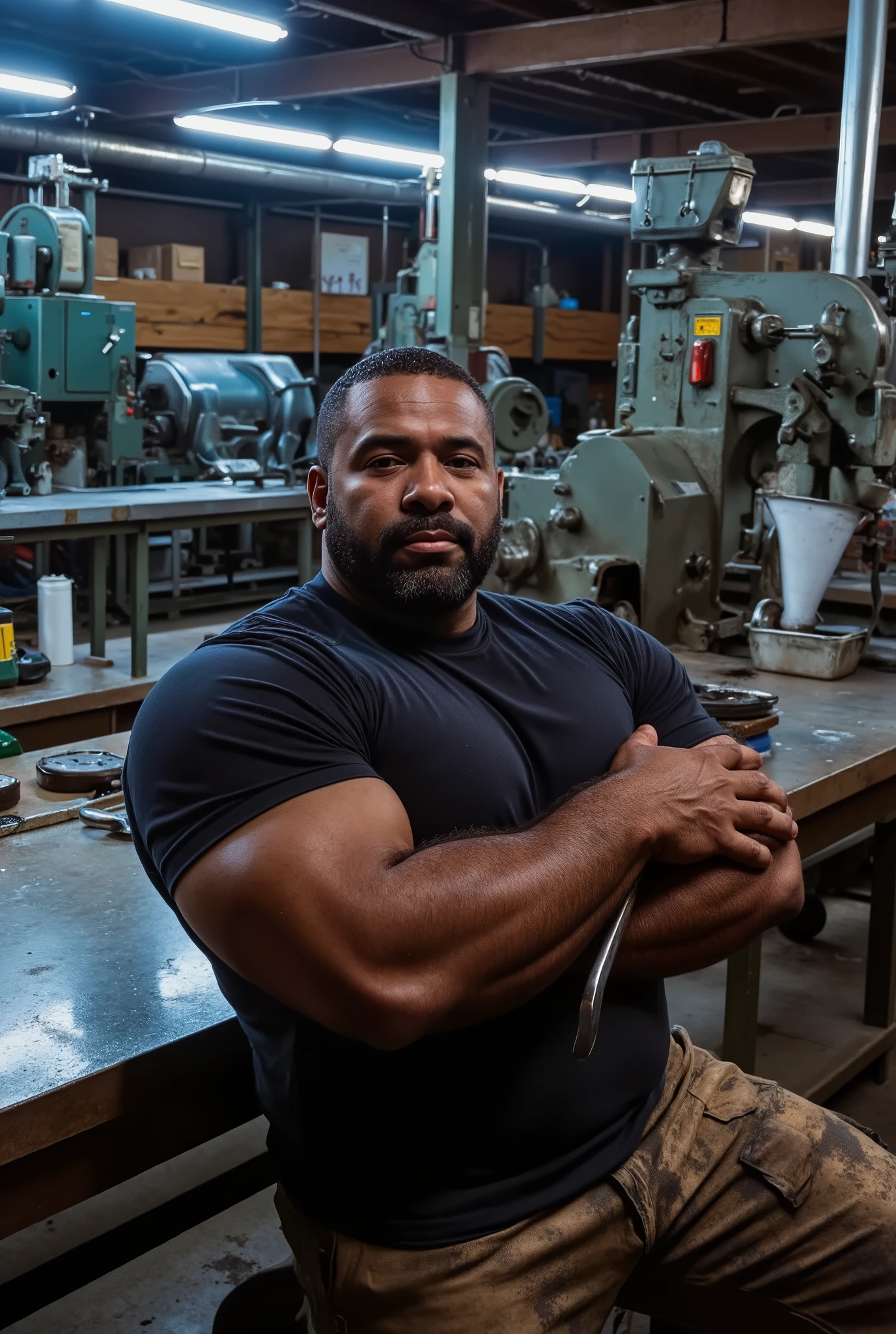 Masterpiece, Accurate, Award Winning, Best Quality, Extremely Detailed, 8K, HD, Super-Resolution, Dynamic Depth of Field, Photorealistic, Full Coloured, Realistic Skin and Hair Texture, ((a 35-year-old, dark-skinned African workshop teacher with deep ebony skin, strong angular jawline, high prominent cheekbones, deep-set dark brown eyes, thick dark lashes, naturally arched brows, broad slightly flared nose, full well-defined lips, and a neatly trimmed beard, leaning against heavy industrial machinery in a well-equipped workshop)). His ((massive, muscular build is emphasized by a snug, short-sleeved work shirt that clings to his broad chest and thick arms, while durable, oil-streaked work trousers fit tightly around his powerful thighs and sculpted lower body)). His ((thick, veined forearms are crossed over his chest, one strong hand resting on a metal surface, while the other casually holds a wrench, his expression calm yet authoritative as he looks toward the camera with a confident gaze)). His stance is firm, exuding experience and control over his environment. The workshop is filled with professional-grade equipment, featuring ((a sturdy metal workbench with scattered tools, large industrial machines with illuminated control panels, wooden shelves lined with neatly organized materials, and overhead fluorescent lights casting cool-toned highlights across the metallic surfaces)). Shot on ((Canon EOS R5, RF 85mm f/1.2L lens, f/2.0 aperture, 1/250 shutter speed, shallow depth of field, high-contrast lighting with dramatic industrial shadows, soft reflections on the metal machinery, and rich textures of fabric, skin, and rugged workshop elements)).
