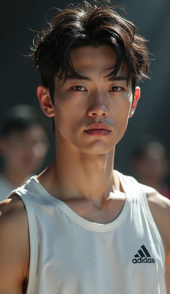 Completely naked, 非常にthinひも, Very crowded court, topless, Upper body naked, , very young , Soft lighting like in a movie、Illuminates a stunningly detailed and ultra-realistic handsome Korean male supermodel, Super messy curly hair, Transparent honey eyes, A captivating perfect smile, Sensual, Hot guys, Extremely handsome, Sweaty bodyを披露する, Very muscular build, thin, Toned Up, whole body, 8k, photograph, masterpiece, Detailed face, Detailed eyes, Fine hand, On a crowded basketball court, Very hairy armpit hair, Completely naked, Very wet body, Sweaty body, Basketball court background, basketball court scenery, Wearing a red wristband.