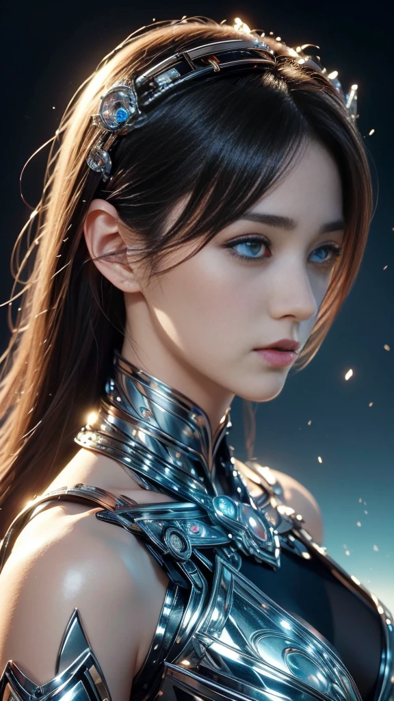 A close-up head and chest portrait of a pretty and cute woman, her chest adorned with pneumatic tubes that give her a unique and futuristic appearance. The highly detailed digital rendering captures every aspect of her beauty, from her delicate features to the intricate tubes.