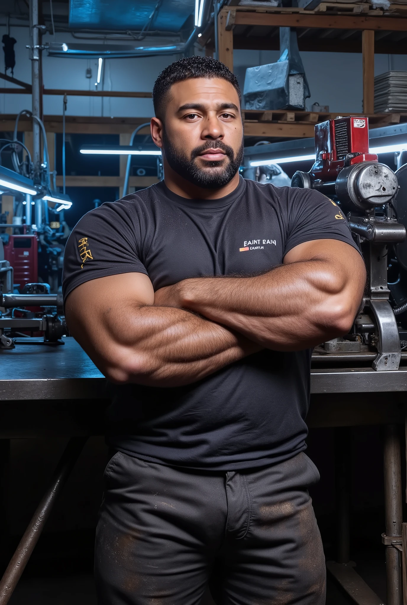 Masterpiece, Accurate, Award Winning, Best Quality, Extremely Detailed, 8K, HD, Super-Resolution, Dynamic Depth of Field, Photorealistic, Full Coloured, Realistic Skin and Hair Texture, ((a 35-year-old, dark-skinned African workshop teacher with deep ebony skin, strong angular jawline, high prominent cheekbones, deep-set dark brown eyes, thick dark lashes, naturally arched brows, broad slightly flared nose, full well-defined lips, and a neatly trimmed beard, leaning against heavy industrial machinery in a well-equipped workshop)). His ((massive, muscular build is emphasized by a snug, short-sleeved work shirt that clings to his broad chest and thick arms, while durable, oil-streaked work trousers fit tightly around his powerful thighs and sculpted lower body)). His ((thick, veined forearms are crossed over his chest, one strong hand resting on a metal surface, while the other casually holds a wrench, his expression calm yet authoritative as he looks toward the camera with a confident gaze)). His stance is firm, exuding experience and control over his environment. The workshop is filled with professional-grade equipment, featuring ((a sturdy metal workbench with scattered tools, large industrial machines with illuminated control panels, wooden shelves lined with neatly organized materials, and overhead fluorescent lights casting cool-toned highlights across the metallic surfaces)). Shot on ((Canon EOS R5, RF 85mm f/1.2L lens, f/2.0 aperture, 1/250 shutter speed, shallow depth of field, high-contrast lighting with dramatic industrial shadows, soft reflections on the metal machinery, and rich textures of fabric, skin, and rugged workshop elements)).