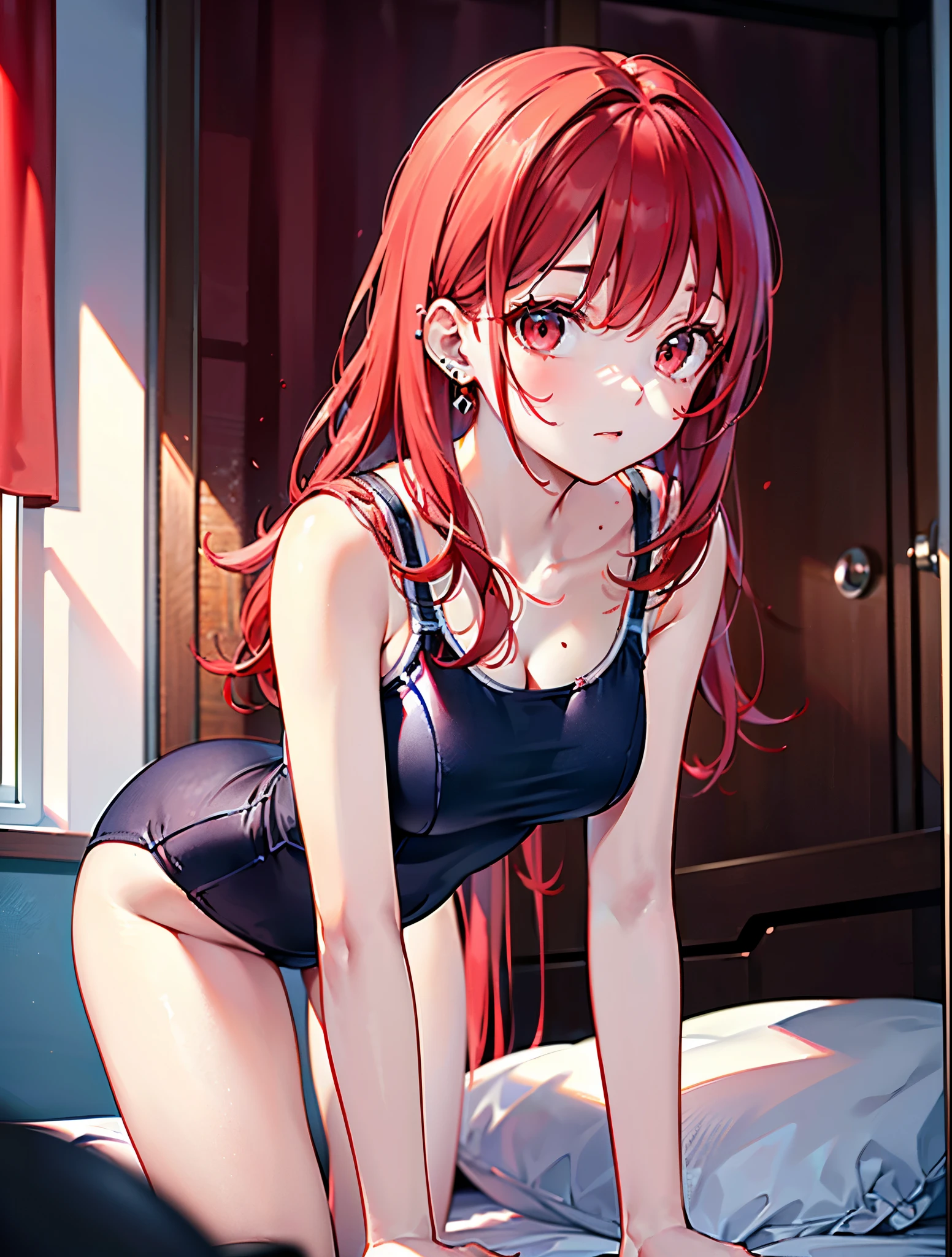 1 girl、(Succubus)、beautiful、solo、Semi-long hair、Low Twintails、Red hair、Red Eyes、Captivating look、Alluring、Black Sleeveless Dress、gem、blush、Put your hands behind your back、Thighs、clavicle、Pointed nose、Thin lips、indoor、Medieval bedroom、bed、Sitting、window、moonlight、Cowboy Shot、telescope lens、Female Focus、Slow Shutter Speed
