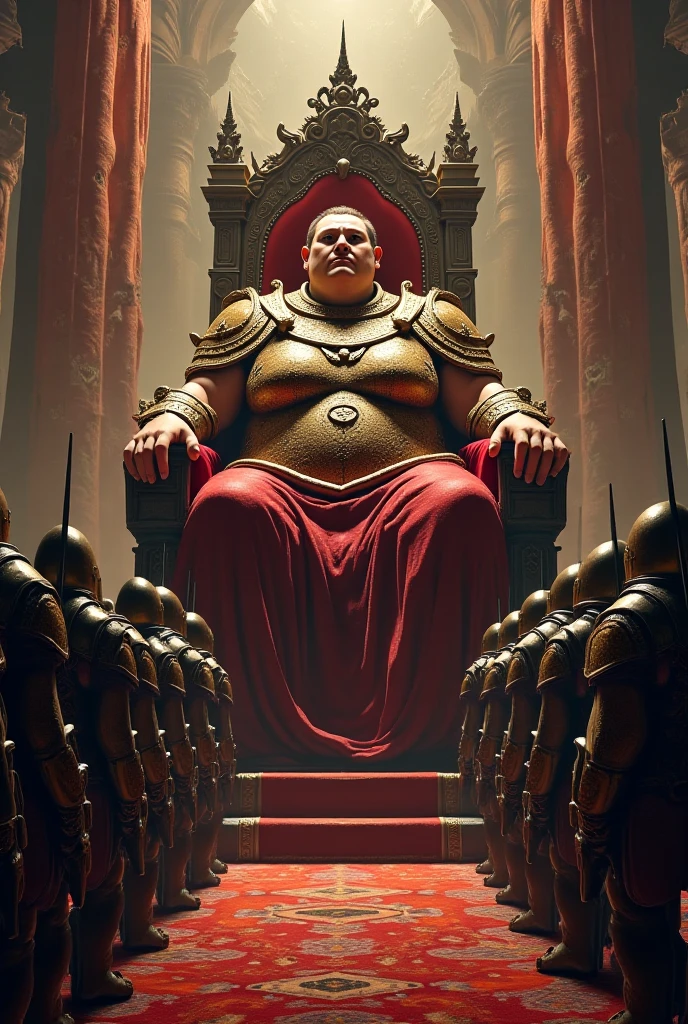 Make a fat man with an angry expression, wearing armor and a cape, sitting on a castle throne, 
with a red trident in his right hand.
