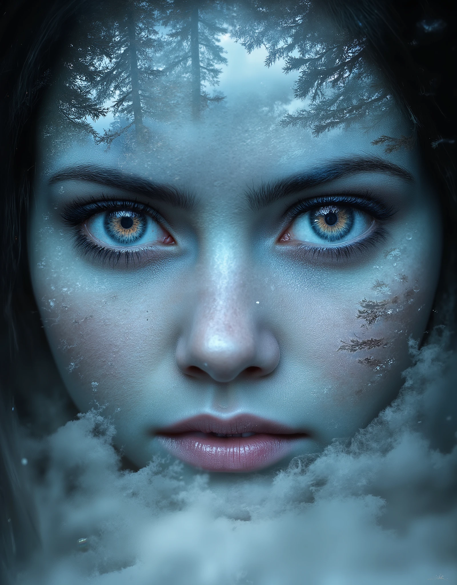 in style of Holography , in style of Holography , portrait,(A pair of beautiful eyes are reflected in the glowing portal:1.37),Cave,Heavy fog,, 《The Frozen Throne》,Cave,Thick fog,heavy snow,portal requires a trigger setting function, double exposure, 4K, Extreme Details, major, Realism, Photorealistic, HDR, studio lighting, sharp focus , based on physical rendering , Vivid colors, Bokeh, Dream landscape , fantasy, ultra-detailed , Very High Resolution, Master Level