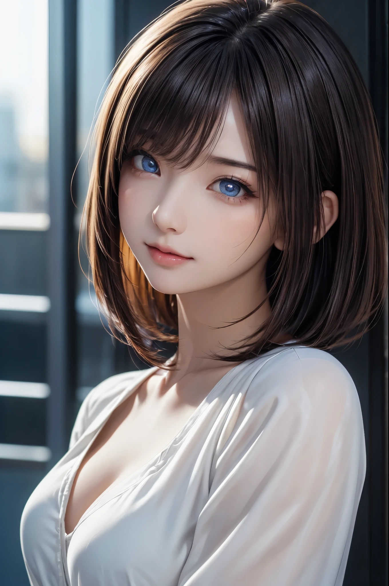 (masterpiece, high quality, high resolution:1.2), 1girl, posing for a picture, professional photography, straight bob hair, shiny and silky hair, (((ultra detailed eyes))), glowing eyes, beautiful glossy lips, beautiful detailed face, angelic beauty, soft facial contours, radiant skin glow, beautiful breasts, wearing casual whit blouse, ultra detailed, sharp focus, cinematic lighting