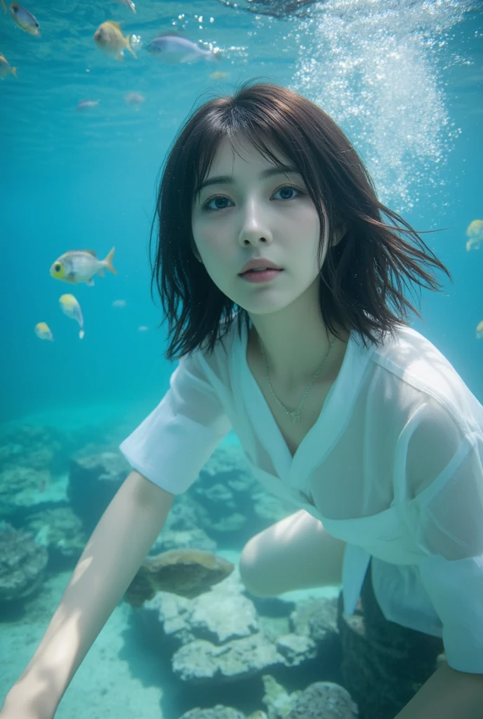 (background, Many colorful jellyfish are lit up in the tank):1.5, (Stand in front of the aquarium located behind), (High Shadow Detail), (short hair, Dark brown hair),  highest quality, masterpiece, Ultra-high resolution, (Realistic:1.3), RAW Photos, (1 Female:1.3, alone), (Woman looking at the aquarium), (Asian Girl, Very delicate face, Very delicate eyes, Highly detailed nose, Very sophisticated mouth, Highly detailed facial features), break (Ruffled blouse with white collar, Black pencil skirt), (Mid-chest:1.3), from the front, (Shiny skin),  (Sony a7, 85mm lens, f9.0, Pan Focus), Look forward