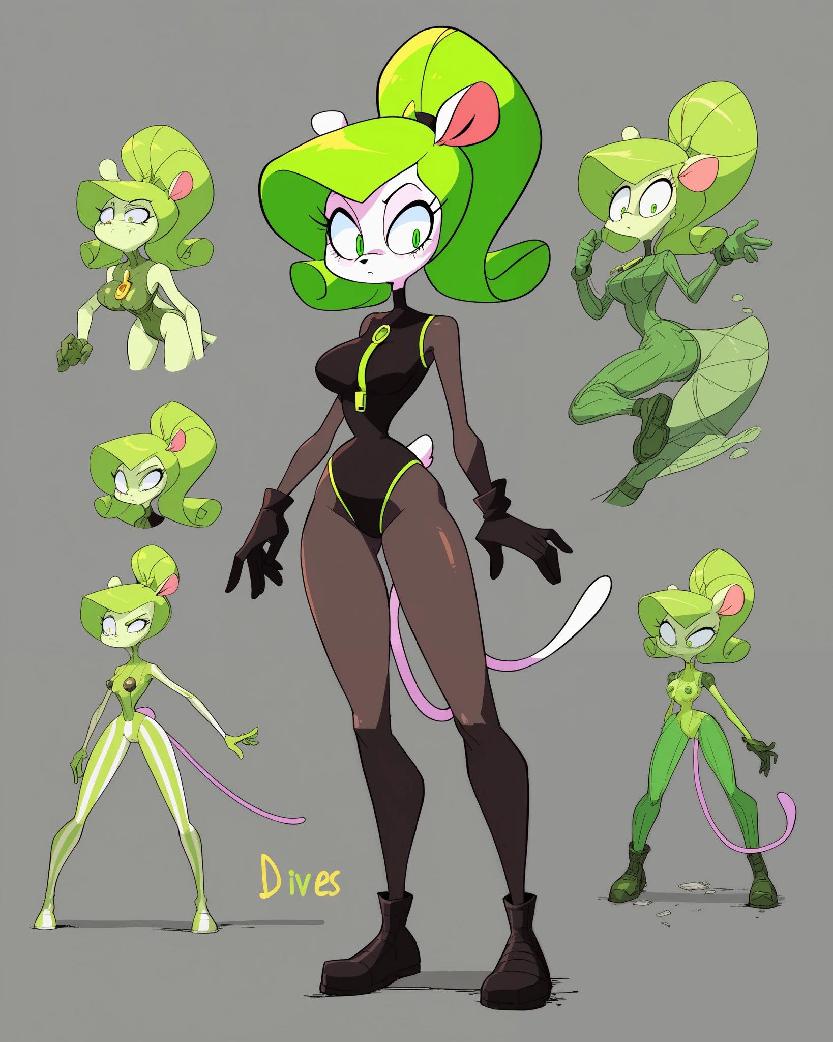A full body view of Toxikita the female anthro Mink, a villainous character, has a striking and unique appearance that complements her mischievous persona. Here are the key details of her look and supersuit:
- **Color Scheme:** A vibrant mix of yellow and green, making her stand out.
- **Supersuit:** A form-fitting yellow and green outfit that covers her entire body, including gloves and boots, emphasizing her agility and villainous flair.
- **Hair:** Long, flowing green hair that adds a dramatic and wild touch to her appearance.
- **Eyes:** Large green eyes that exude confidence and cunning.
- **Tail:** A bushy tail with brown and white stripes, adding to her distinctive mink-like features.
- **Ears:** Large pink inner ears that enhance her animalistic charm.
Toxic background. The character sheet contains information about his species, level, health, and other attributes., tiny toons style, by diives,