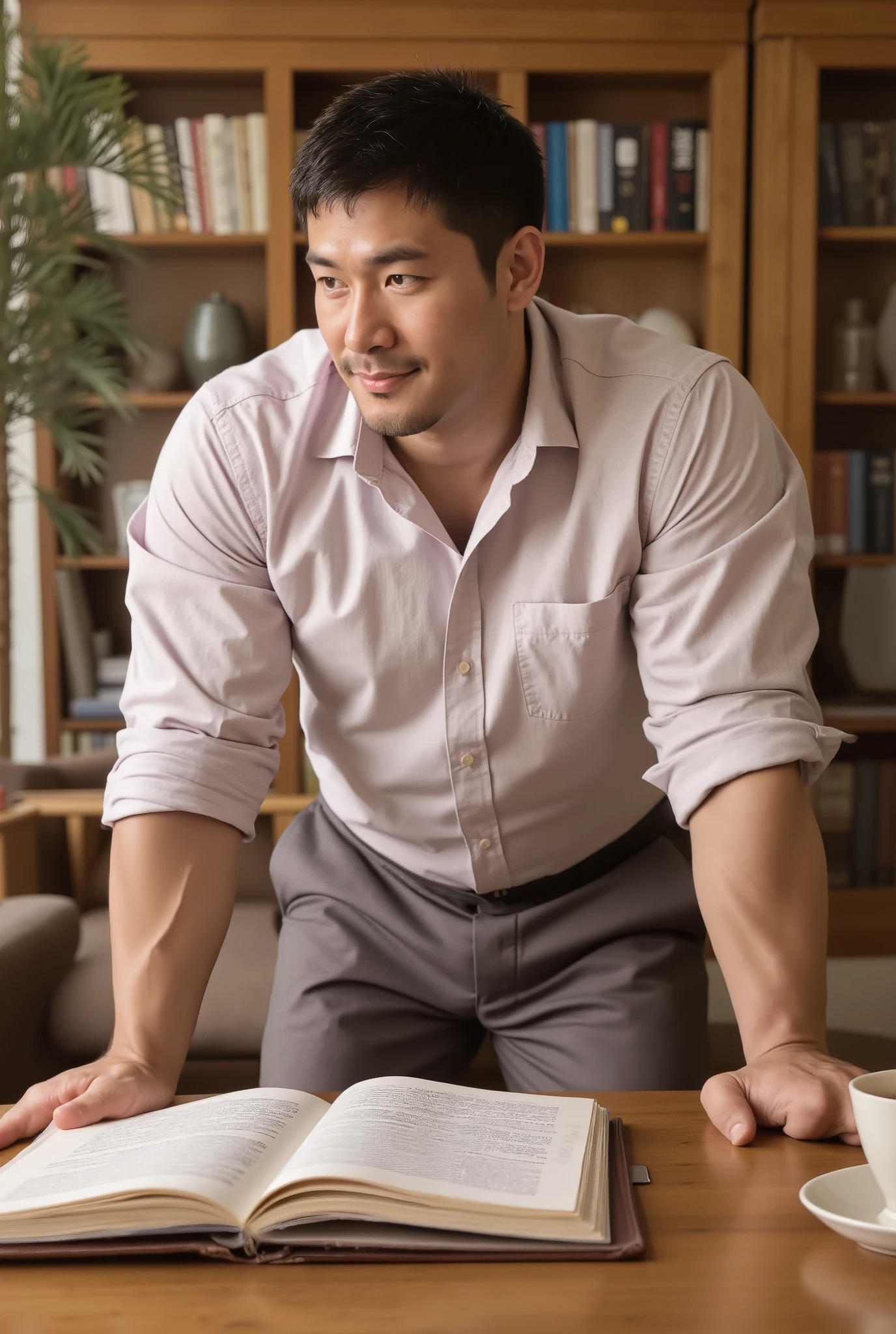 Masterpiece, Accurate, Award Winning, Best Quality, Extremely Detailed, 8K, HD, Super-Resolution, Dynamic Depth of Field, Photorealistic, Full Coloured, Realistic Skin and Hair Texture, ((a 35-year-old, Asian school counsellor with smooth, warm-toned skin, strong angular jawline, high prominent cheekbones, deep-set dark brown eyes, thick dark lashes, naturally arched brows, broad slightly rounded nose, and full well-defined lips, leaning forward attentively while listening in a calm and reassuring posture)). His ((neatly styled dark hair is slightly tousled, complementing his polished yet approachable appearance, while his well-groomed beard subtly enhances the depth of his facial structure)). He wears a ((well-fitted button-up shirt with the sleeves rolled up, the soft fabric resting against his broad chest and strong arms, paired with tailored trousers that sit comfortably on his muscular frame, giving a professional yet relaxed look)). His ((elbows rest lightly on the wooden surface of his desk, his hands subtly clasped together, exuding warmth and attentiveness as he listens intently, his deep brown eyes focused, a slight, understanding smile at the corner of his lips)). The school office is a warm, inviting space, featuring ((a neatly arranged desk with open folders and a cup of tea, tall bookshelves filled with psychology and educational literature, soft natural light filtering in through the large windows, and a comfortable seating area with plush chairs for students seeking guidance)). Shot on ((Canon EOS R5, RF 85mm f/1.2L lens, f/2.0 aperture, 1/200 shutter speed, shallow depth of field, warm natural lighting with soft highlights, high contrast emphasizing the textures of skin, fabric, wood, and the cozy, professional ambiance of the school office)).