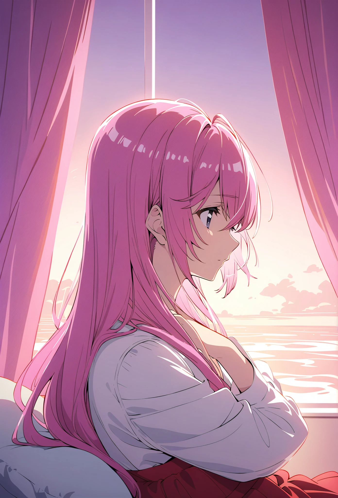 otmn,1 ,Alone,  pink hair, white shirt,  red pleated skirt , Countering , at home, masterpiece,boobs, very aesthetic,(anime screenshot:0.8),8k,absurdities, in panties and bra, lying in bed