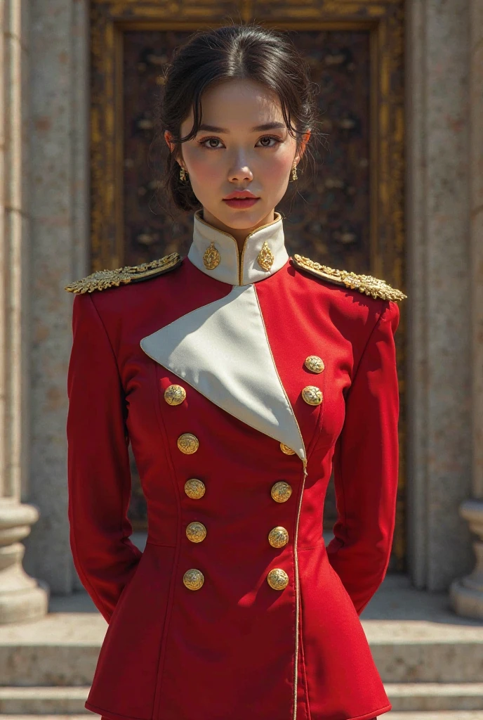 ((Realistic lighting, Masterpiece: 1.3)), (raw photo:1.2), Hyperrealist portrait Beautiful Chinese girl, 20 years old, ((pale skin: 1.6)), beautiful eyes, very detailed eyes and face, (full real formal crimson red military uniform), (crimson red pencil skirt), (military cap), ((high rank)), military cape, charming serious face, natural makeup: 1.2, (military standing pose), chignon hair style, Best quality, 8K, professional photography, (full body), street background