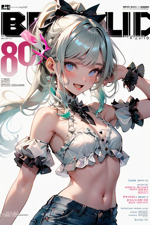 (small breasts:1.2), (perky chest:1.2), (pointed chest:1.2), (Panty magazine cover:1.3),(from below:1.0),(shoot from the side:1.1),masterpiece, 1girl, Amazing Cleavage:1.1, thin waist, optimum,tmasterpiece,hight resolution,best qualtiy,hyper HD,super detailing,awardwinning,a 18yo cute girl,(The upper part of the body),anatomy correct,Beautiful Black miniskirt,garters,Gaze,Small face,bangss,holster,Beautuful Women,hands up,leg holster,Gaze,black boots,Cowboy Shot,cute face,a blond,Longhaire,Twin-tailed,Braids, Hairline,（scarlet eyes）,long eyelasher,Hanging eye corners,White skin of the, ((see through camisole:1.1)), ((Sheer nipples:1.0)),Rocket ,(Slim body),smile,seductive weak smiling,(with sparkling eyes and a contagious smile),little open mouth, Looking at Viewer, 