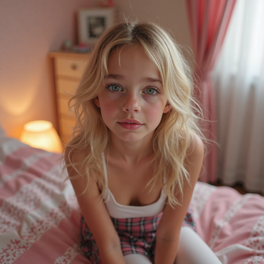 hot blonde girl,(7 year old girl), Lying on the bed, open legs, Horse tail, delgado, Naked , small size, beautiful face, sensual look, cozy living room, photorealistic, 4k, high quality,