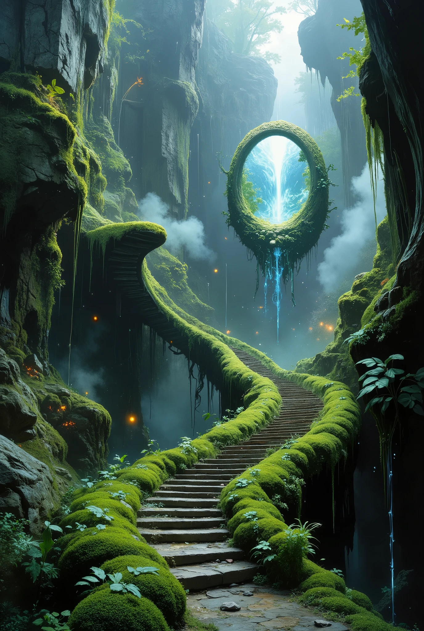 a mystical mossy winding staircase overgrown with thick moss, a misty canyon, a magical glowing portal that looks like a beautiful mirror, unearthly light, sparks, flashes, lightning, luminous splashes, a thin luminous streamlet flows down the steps.rocks, creeping plants, detailed textures, atmospheric, otherworldly, fantastic landscape, linear perspective, aerial perspective, tonal perspective, dramatic perspective, very low angle accent light, realistic digital art.
