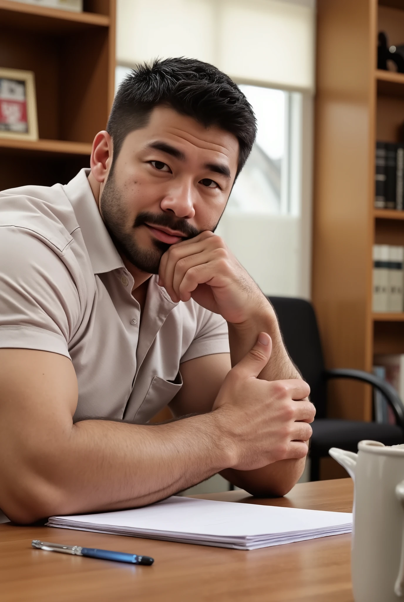 Masterpiece, Accurate, Award Winning, Best Quality, Extremely Detailed, 8K, HD, Super-Resolution, Dynamic Depth of Field, Photorealistic, Full Coloured, Realistic Skin and Hair Texture, ((a 35-year-old, Asian school counsellor with smooth, warm-toned skin, strong angular jawline, high prominent cheekbones, deep-set dark brown eyes, thick dark lashes, naturally arched brows, broad slightly rounded nose, and full well-defined lips, leaning forward attentively while listening in a calm and reassuring posture)). His ((neatly styled dark hair is slightly tousled, complementing his polished yet approachable appearance, while his well-groomed beard subtly enhances the depth of his facial structure)). He wears a ((well-fitted button-up shirt with the sleeves rolled up, the soft fabric resting against his broad chest and strong arms, paired with tailored trousers that sit comfortably on his muscular frame, giving a professional yet relaxed look)). His ((elbows rest lightly on the wooden surface of his desk, his hands subtly clasped together, exuding warmth and attentiveness as he listens intently, his deep brown eyes focused, a slight, understanding smile at the corner of his lips)). The school office is a warm, inviting space, featuring ((a neatly arranged desk with open folders and a cup of tea, tall bookshelves filled with psychology and educational literature, soft natural light filtering in through the large windows, and a comfortable seating area with plush chairs for students seeking guidance)). Shot on ((Canon EOS R5, RF 85mm f/1.2L lens, f/2.0 aperture, 1/200 shutter speed, shallow depth of field, warm natural lighting with soft highlights, high contrast emphasizing the textures of skin, fabric, wood, and the cozy, professional ambiance of the school office)).