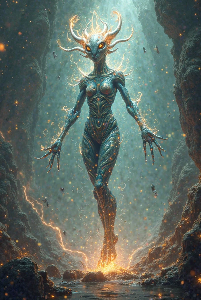 (High resolution,realistic,sharp focus),Humanoid alien creature with a vertically split face forming a mouth shape,beautiful predatory creature There is similar to a woman,Alien/monster hybrid,scary hunter,[cosmic,extraterrestrial] There is,organic matter,otherworldly predator,beyond life,length,flowing hair,earrings,shineing eyes,intense sight,[elegant,graceful],enchanting facial features,[sharp,pointed,elengthated] teeth,[toxic,toxic] tooth,intense,enchanting smile,Smooth yet muscular body,[curve,shape] There is similar to a woman,[graceful,Towering] before,Alien skin texture resembling iridescent scales,[ethereal,luminescent] shine,[Evil,Unlucky] aura,Slurping,bipedal walking,[tranquility,predatory] enchanting footsteps,hypnotic] dance,[spooky,Unforgettable] grace,contrasting colors,[darkness,Shadow] hug a living thing,dystopian background scenery,[cosmic,Milky Way] background,Unlucky celestial bodies,pulsating clouds,[extraterrestrial,surreal] vegetation,rays of ethereal light [filtering,caress] scene,dramatic chiaroscuro lighting,penetrating the darkness,Create an intimate yet frightening atmosphere. Silent Hill