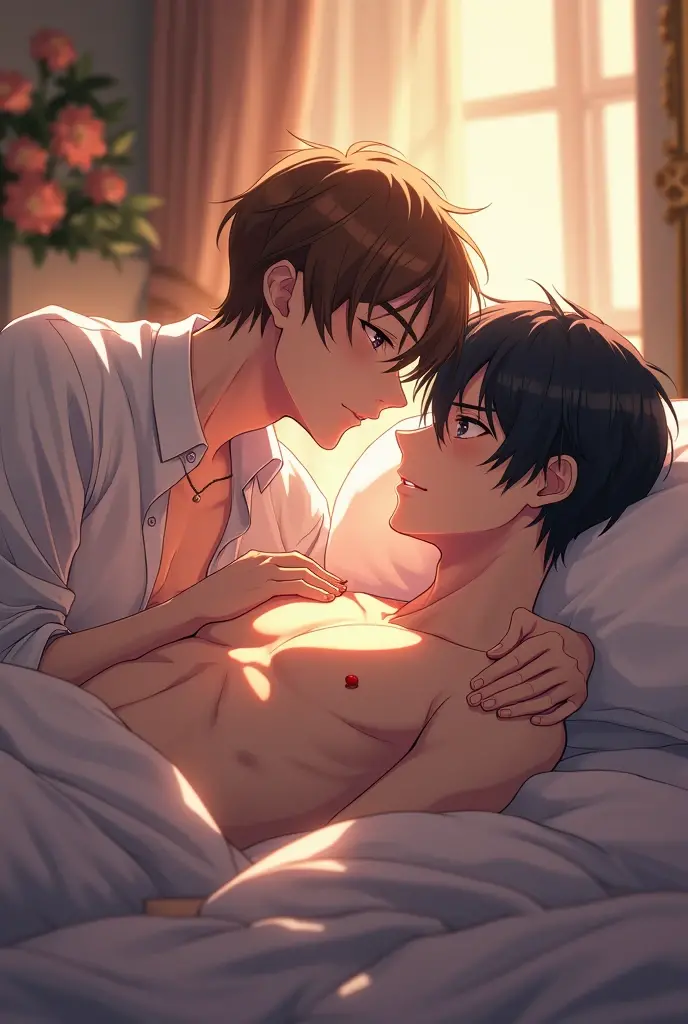 An angry man watching from afar two other men lying in bed hugging each other in an anime drawing hd