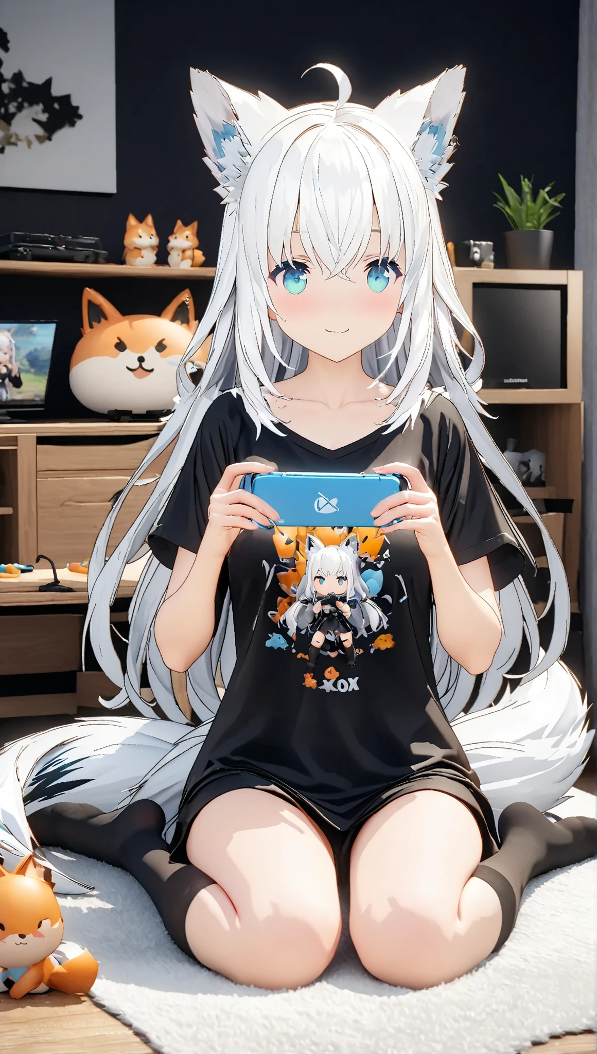 (masterpiece:1.2), ( Top Quality:1.2), Ultra High Resolution, very well detailed, Fubuki_heyagi,tail, 1girl ,,Alone,fox tail,shirt,white hair,long hair,black shirt,black headwear,socks,bangs,t-shirt,black socks,collarbone, 3D Style, 3D Figures, full body, 3d rendering , OC rendering , 8k, playing video games , fun, wariza, cute room