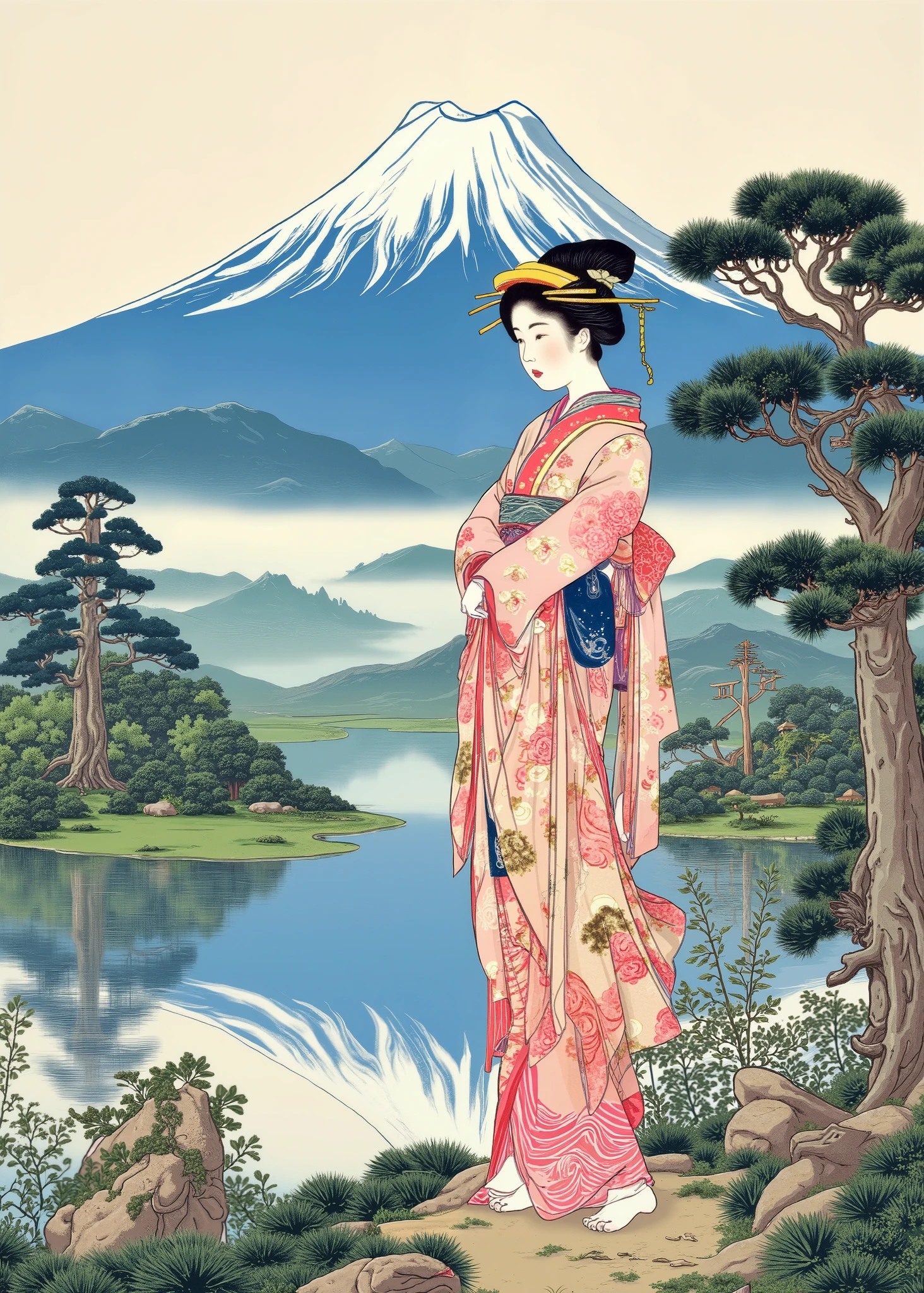 着物を着た女性の背景にFuji山. Fuji. on the background of a woman wearing a kimono