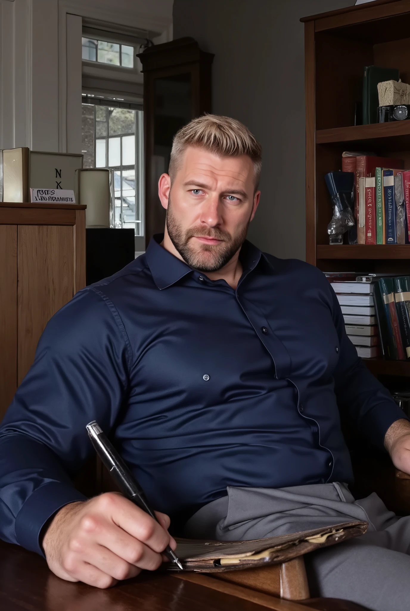 Masterpiece, Accurate, Award Winning, Best Quality, Extremely Detailed, 8K, HD, Super-Resolution, Dynamic Depth of Field, Photorealistic, Full Coloured, Realistic Skin and Hair Texture, ((a 35-year-old, German school disciplinarian with fair skin, sharp angular jawline, high cheekbones, deep-set blue eyes, thick dark lashes, naturally furrowed brows, straight prominent nose, and full well-defined lips, sitting at his desk with an authoritative yet composed presence)). His ((short, neatly combed blonde hair is perfectly styled, complementing his strong, disciplined demeanor, while his well-trimmed beard adds to his commanding appearance)). He wears a ((crisp, fitted navy dress shirt with the top button closed, the fabric tightly contouring his broad chest and thick arms, paired with tailored dark grey slacks that enhance his powerful build, exuding professionalism and control)). His ((large, veined hands rest firmly on the polished wooden surface of his desk, one gripping a disciplinary report while the other lightly adjusts a sleek black fountain pen, his posture upright and assertive, his piercing gaze locked onto the camera with quiet intensity)). The school office is structured and orderly, featuring ((a dark wooden desk stacked with neatly arranged documents, a leather-bound planner, and a nameplate, while tall shelves filled with academic records and disciplinary files line the background, illuminated by soft, natural light filtering through a large window with half-drawn blinds, casting sharp, structured shadows across the room)). Shot on ((Canon EOS R5, RF 85mm f/1.2L lens, f/2.0 aperture, 1/200 shutter speed, shallow depth of field, moody high-contrast lighting with soft highlights, deep shadows emphasizing the textures of fabric, polished wood, and the structured professional setting)).