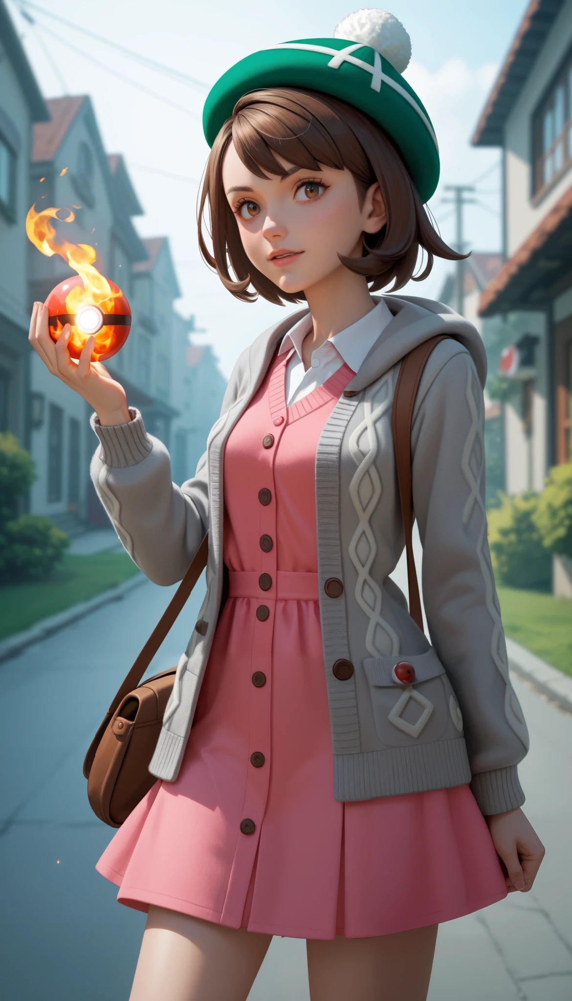 She holds a Pokéball in one hand, with an ember softly glowing at her fingertips., small Fire-type Pokémon like Liberlo are playfully circling, leaving a trail of warm, glowing embers,Gloria (pokemon), brown hair, brown eyes,green hat, grey cardigan, hooded cardigan, cable knit, pink dress, green socks, long sleeves, collared dress, 1 pokemon trainer