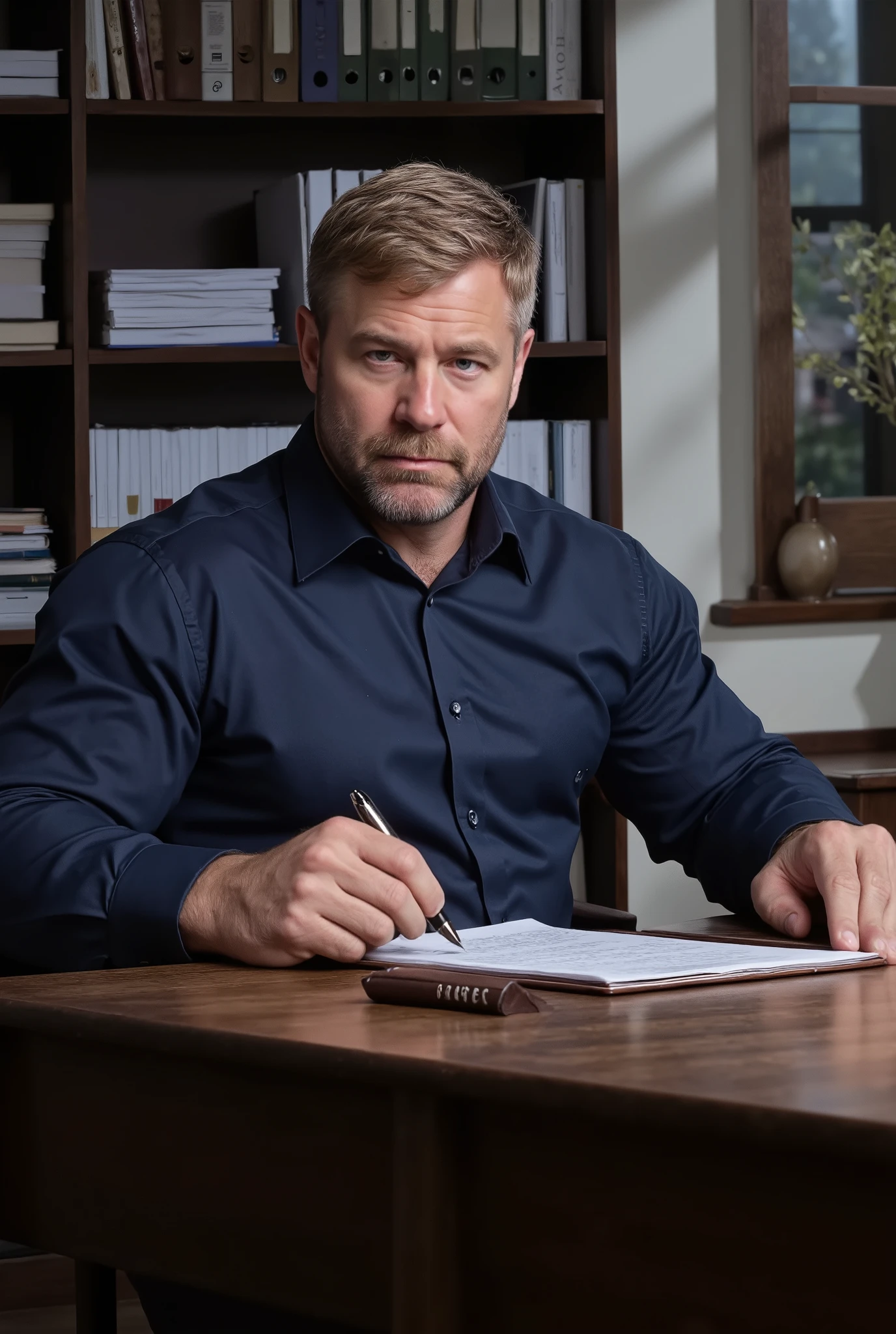 Masterpiece, Accurate, Award Winning, Best Quality, Extremely Detailed, 8K, HD, Super-Resolution, Dynamic Depth of Field, Photorealistic, Full Coloured, Realistic Skin and Hair Texture, ((a 35-year-old, German school disciplinarian with fair skin, sharp angular jawline, high cheekbones, deep-set blue eyes, thick dark lashes, naturally furrowed brows, straight prominent nose, and full well-defined lips, sitting at his desk with an authoritative yet composed presence)). His ((short, neatly combed blonde hair is perfectly styled, complementing his strong, disciplined demeanor, while his well-trimmed beard adds to his commanding appearance)). He wears a ((crisp, fitted navy dress shirt with the top button closed, the fabric tightly contouring his broad chest and thick arms, paired with tailored dark grey slacks that enhance his powerful build, exuding professionalism and control)). His ((large, veined hands rest firmly on the polished wooden surface of his desk, one gripping a disciplinary report while the other lightly adjusts a sleek black fountain pen, his posture upright and assertive, his piercing gaze locked onto the camera with quiet intensity)). The school office is structured and orderly, featuring ((a dark wooden desk stacked with neatly arranged documents, a leather-bound planner, and a nameplate, while tall shelves filled with academic records and disciplinary files line the background, illuminated by soft, natural light filtering through a large window with half-drawn blinds, casting sharp, structured shadows across the room)). Shot on ((Canon EOS R5, RF 85mm f/1.2L lens, f/2.0 aperture, 1/200 shutter speed, shallow depth of field, moody high-contrast lighting with soft highlights, deep shadows emphasizing the textures of fabric, polished wood, and the structured professional setting)).